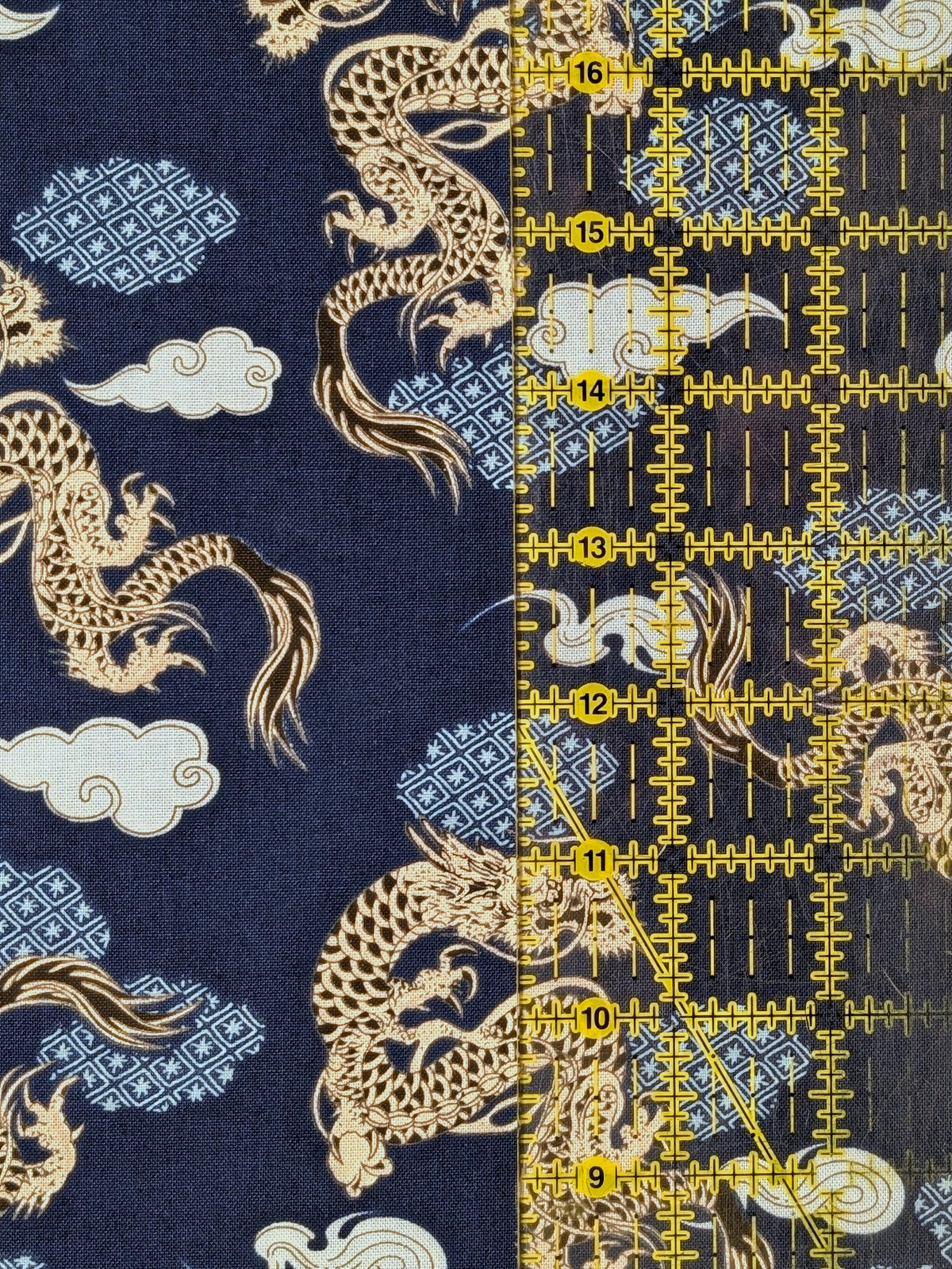 Asano - Japanese Dragon with Patterned Clouds Cotton Sheeting Fabric - Blue