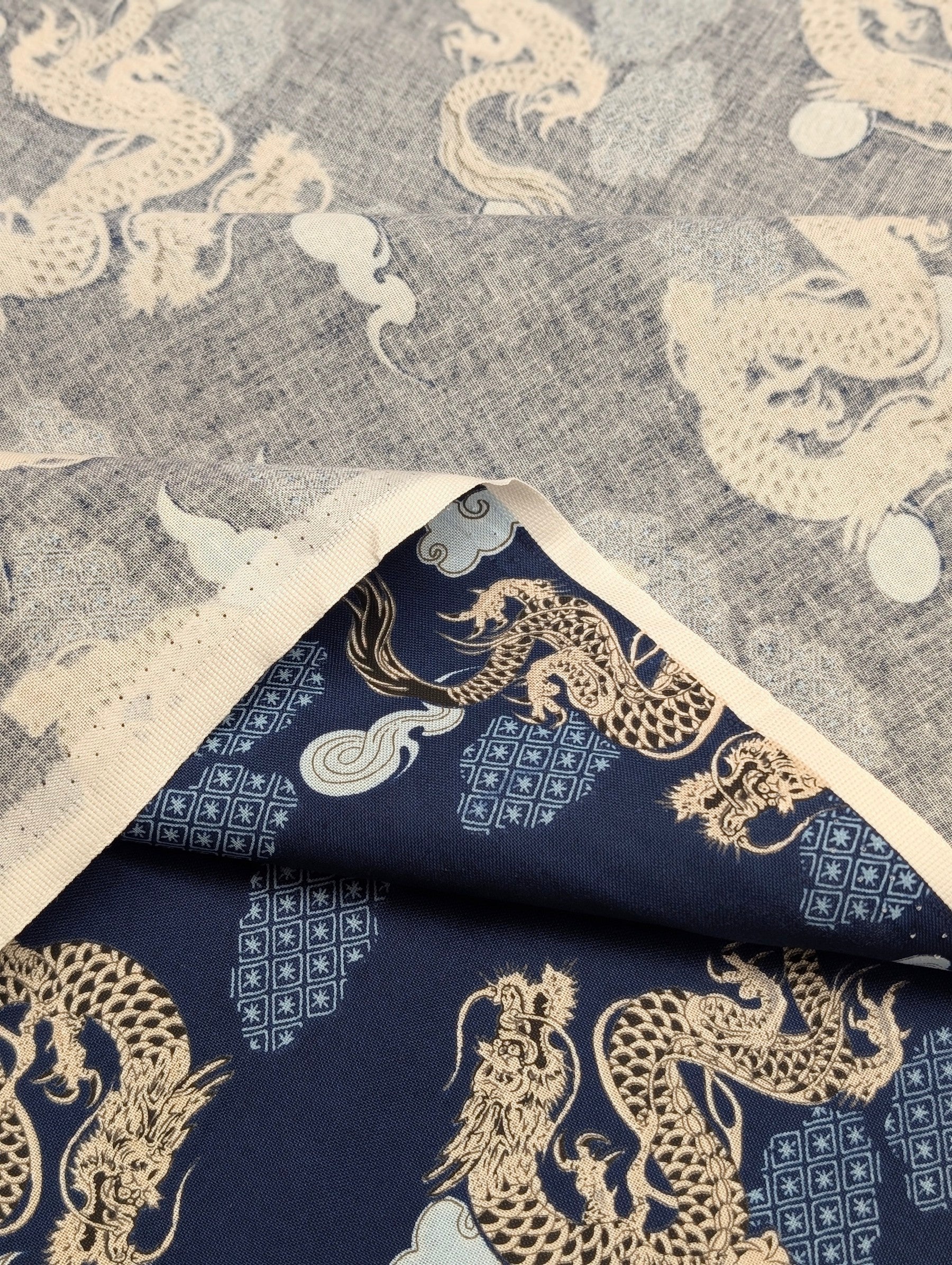 Asano - Japanese Dragon with Patterned Clouds Cotton Sheeting Fabric - Blue