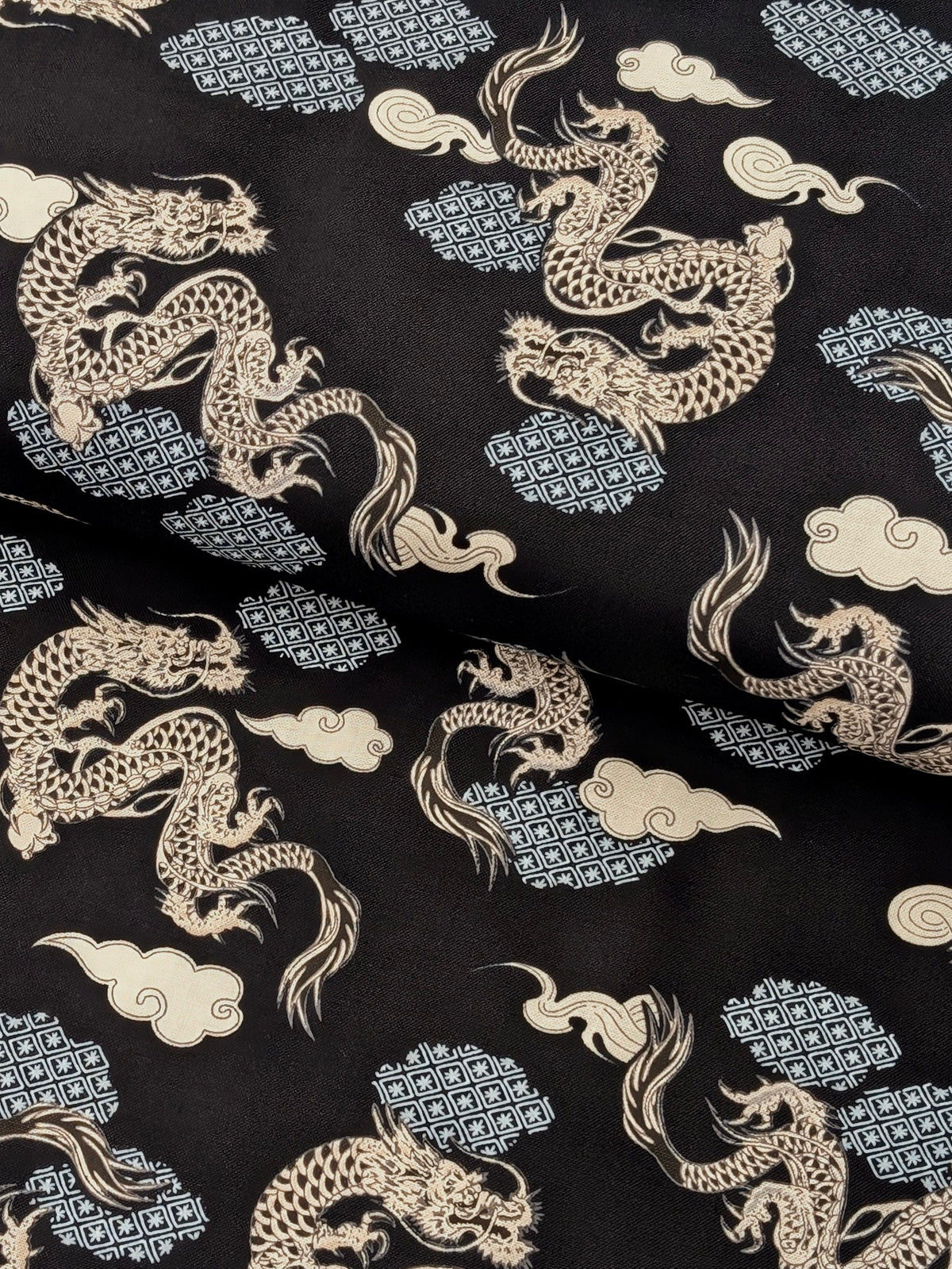 Asano - Japanese Dragon with Patterned Clouds Cotton Sheeting Fabric - Black