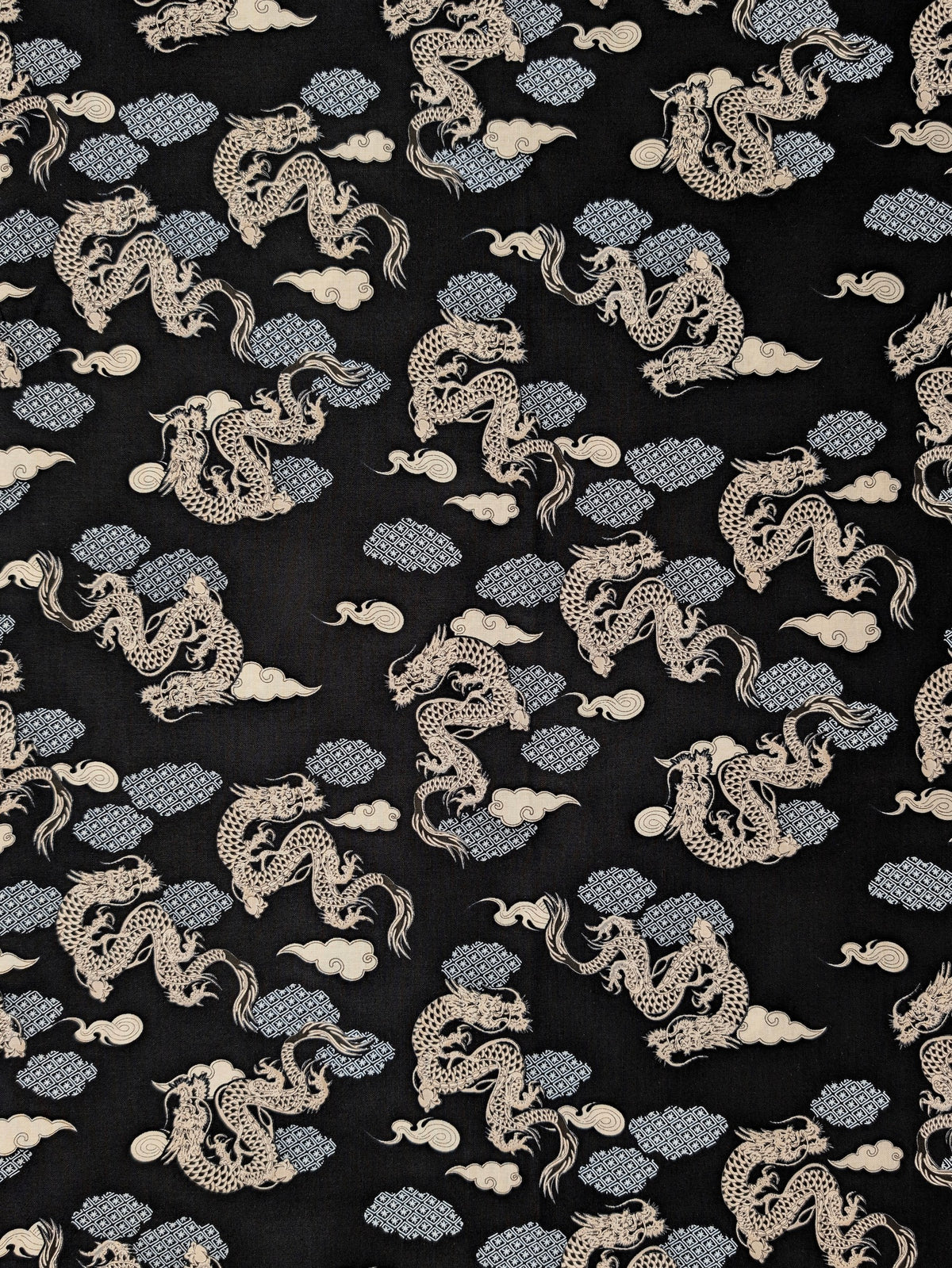 Asano - Japanese Dragon with Patterned Clouds Cotton Sheeting Fabric - Black