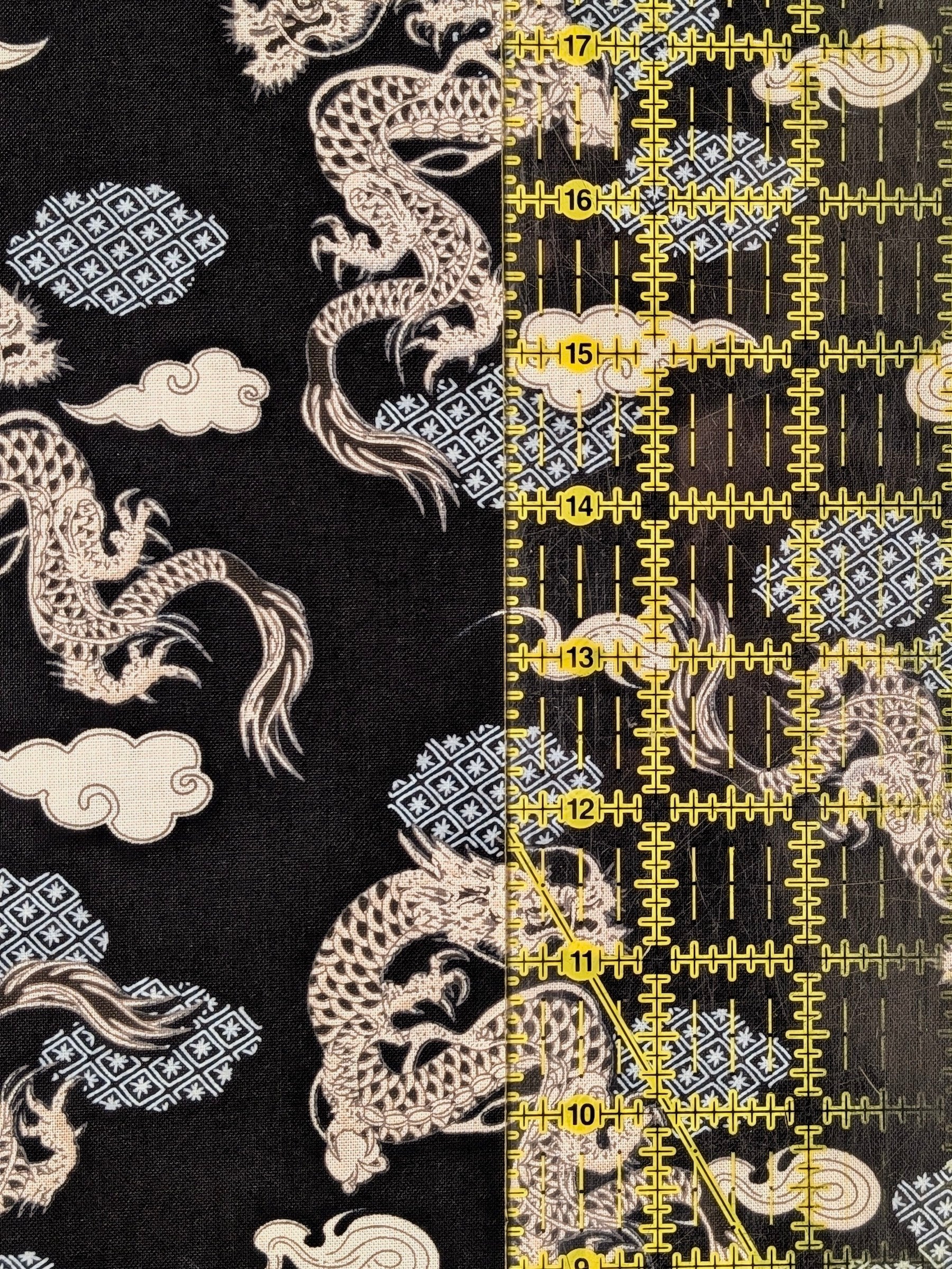 Asano - Japanese Dragon with Patterned Clouds Cotton Sheeting Fabric - Black
