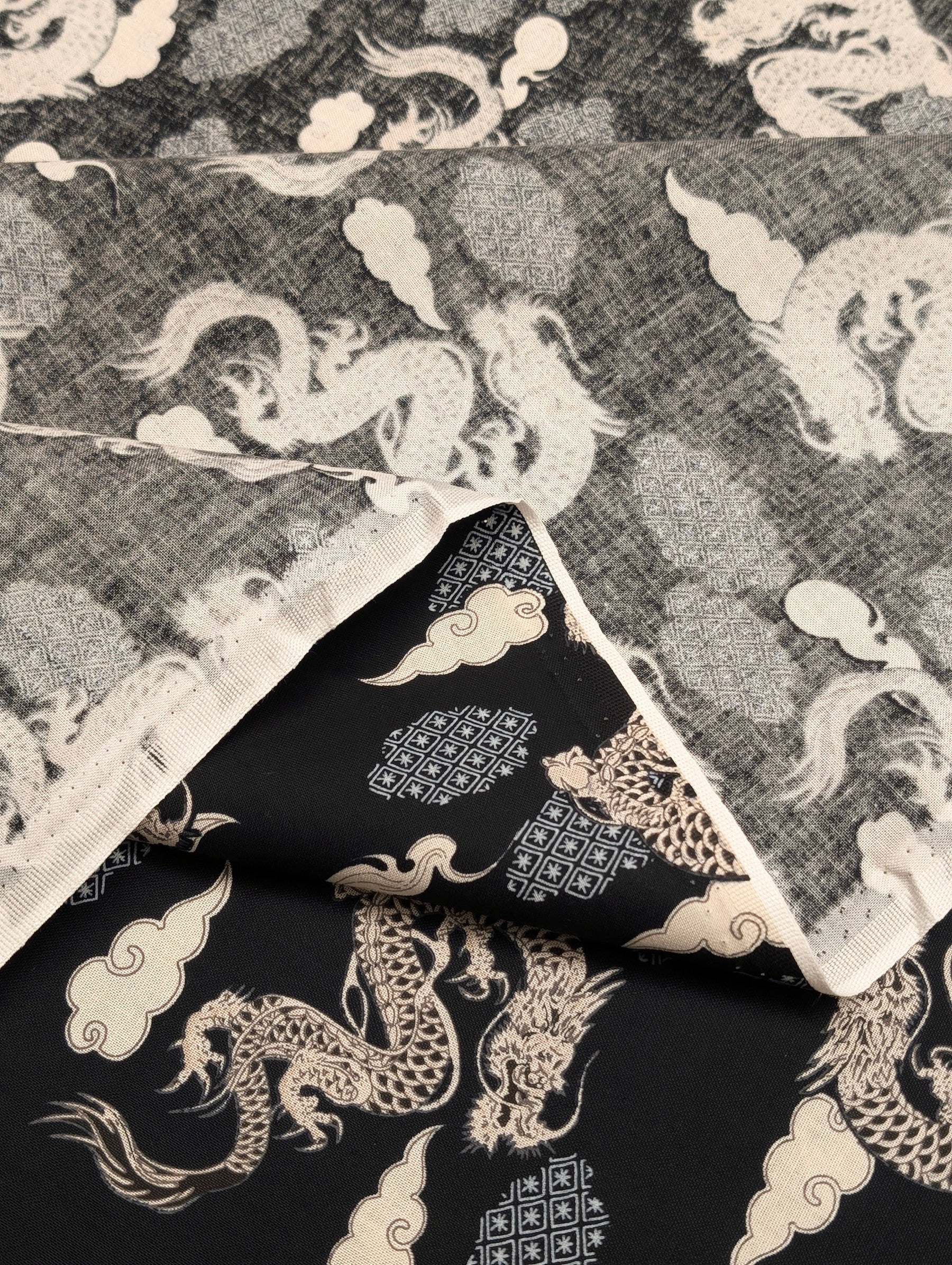 Asano - Japanese Dragon with Patterned Clouds Cotton Sheeting Fabric - Black