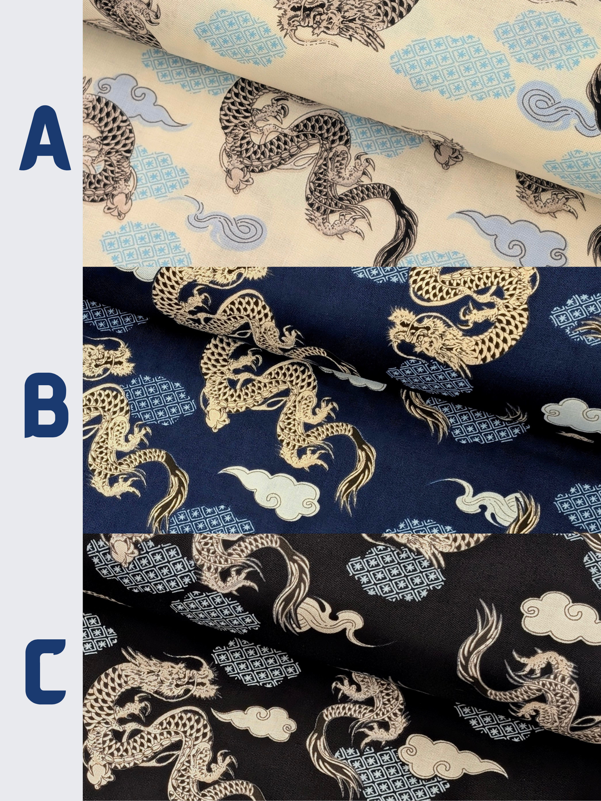 Asano - Japanese Dragon with Patterned Clouds Cotton Sheeting Fabric - Blue