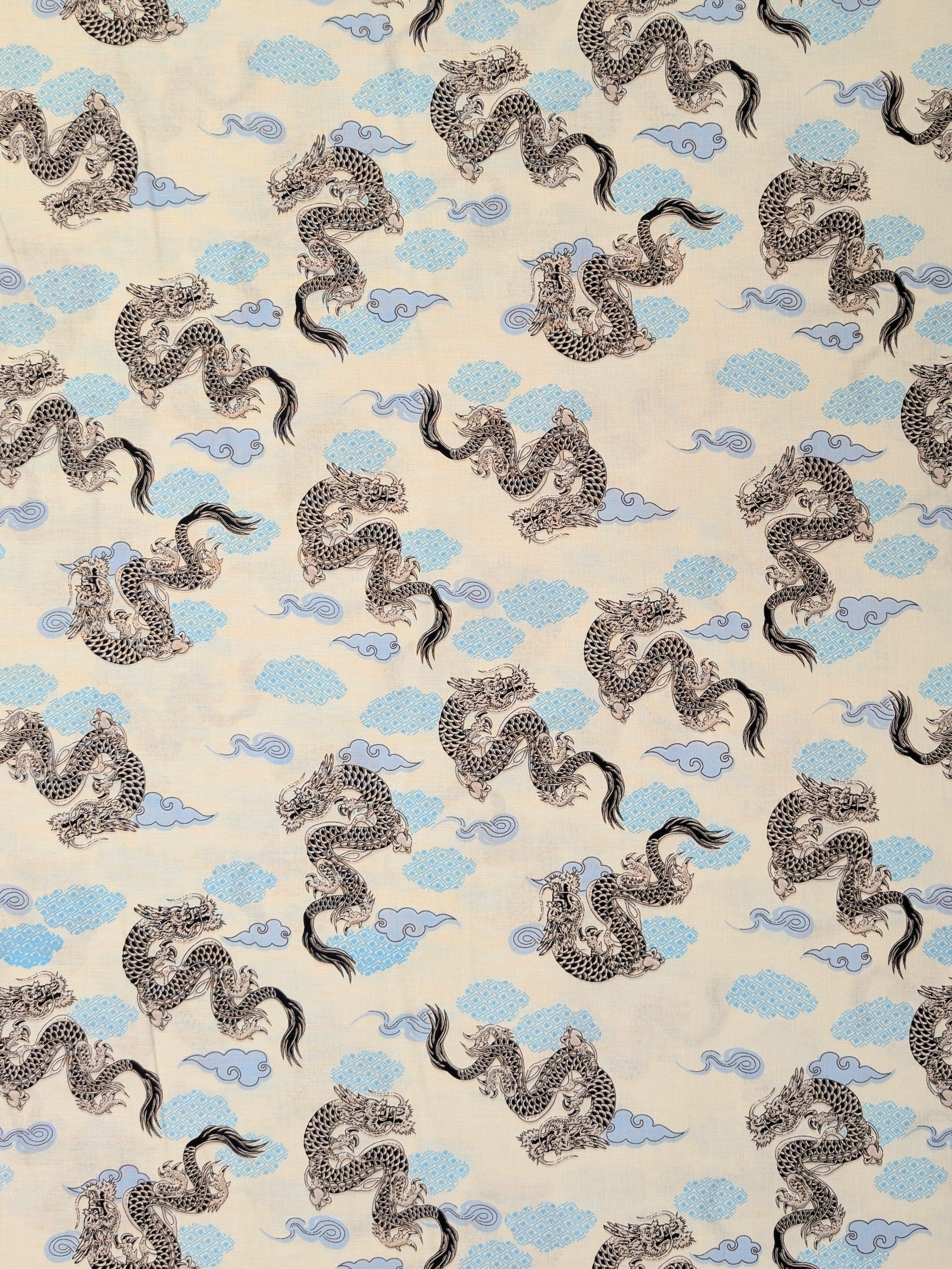 Asano - Japanese Dragon with Patterned Clouds Cotton Sheeting Fabric - Beige