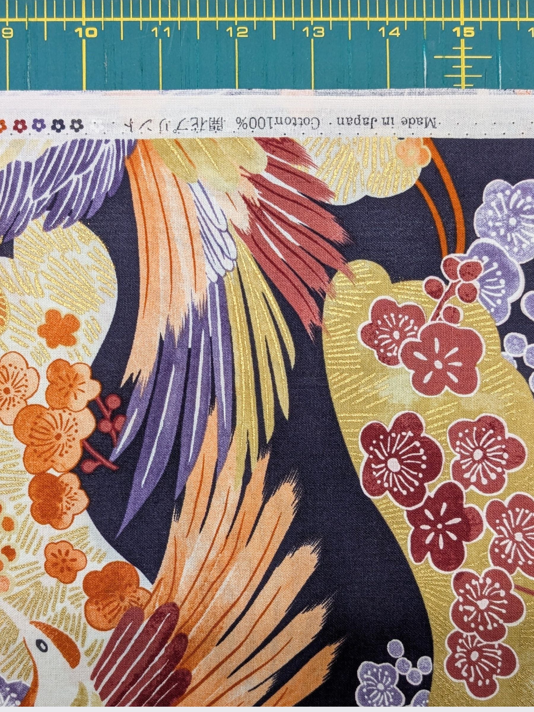 Naka - Golden Feathered Birds Cotton Sheeting Fabric - Purple