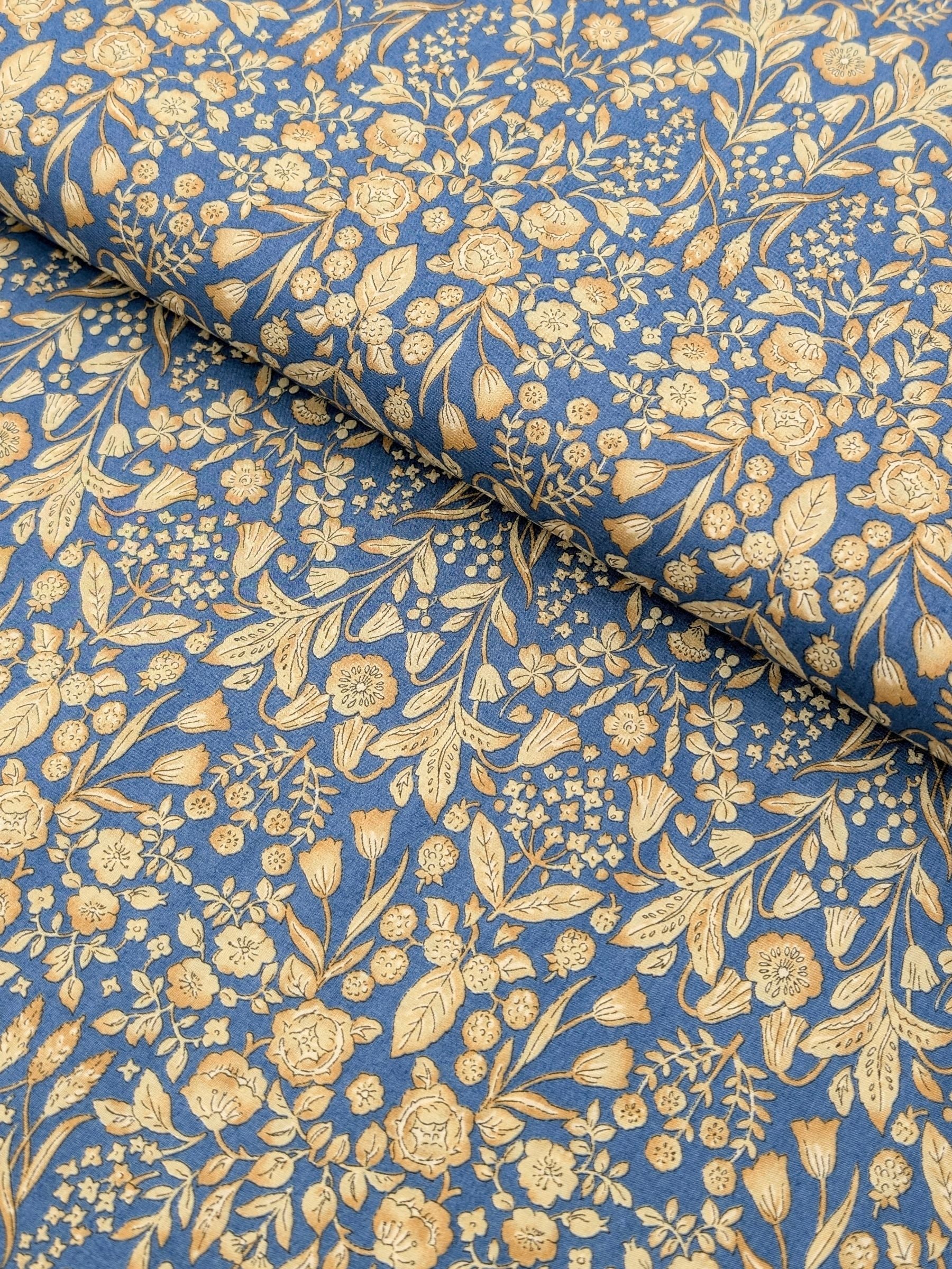 Hokkoh - Mirrored Two-Tone Flowers Cotton Lawn Fabric - Blue & Yellow