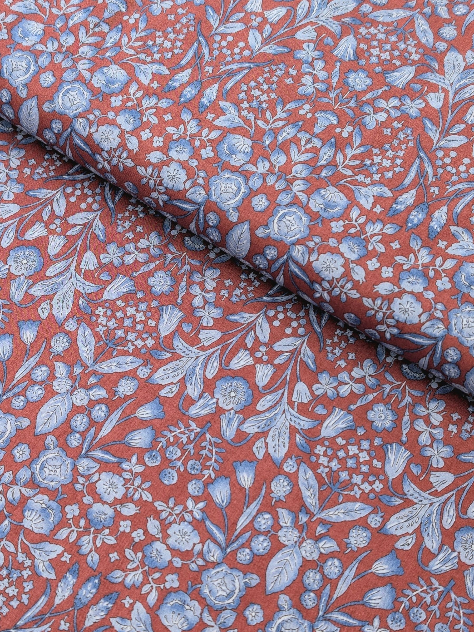 Hokkoh - Mirrored Two-Tone Flowers Cotton Lawn Fabric - Red & Blue