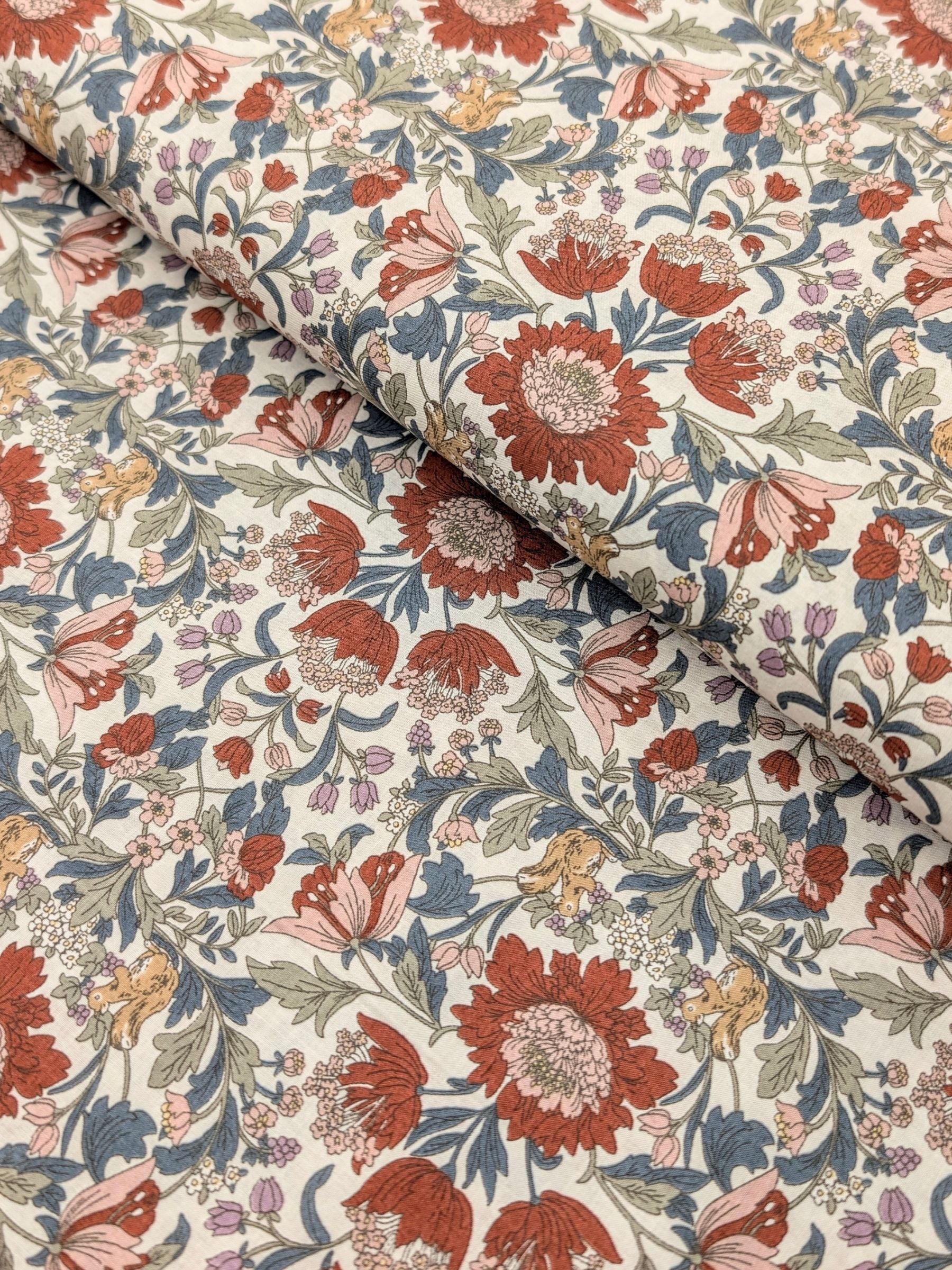 Hokkoh - Squirrels and Mirrored Flowers Cotton Lawn Fabric - White & Red