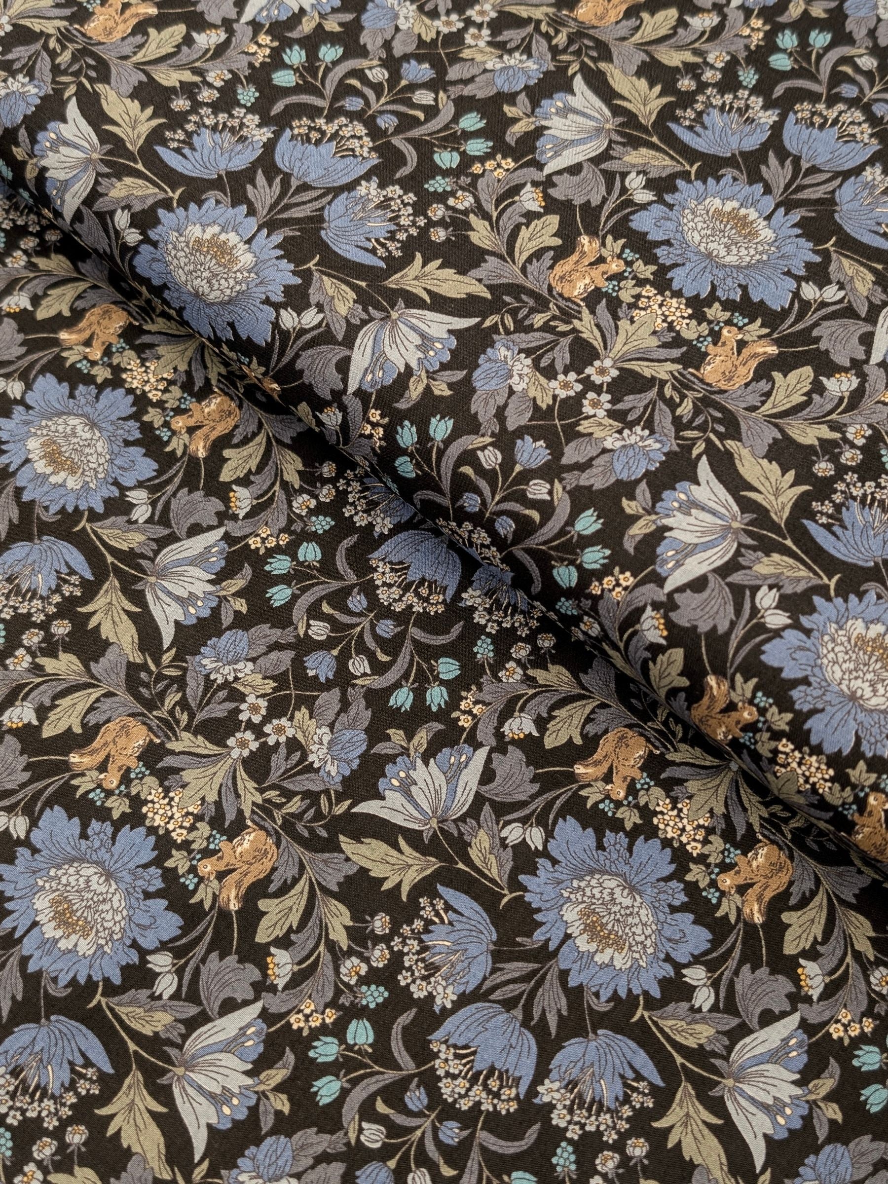 Hokkoh - Squirrels and Mirrored Flowers Cotton Lawn Fabric - Black & Blue