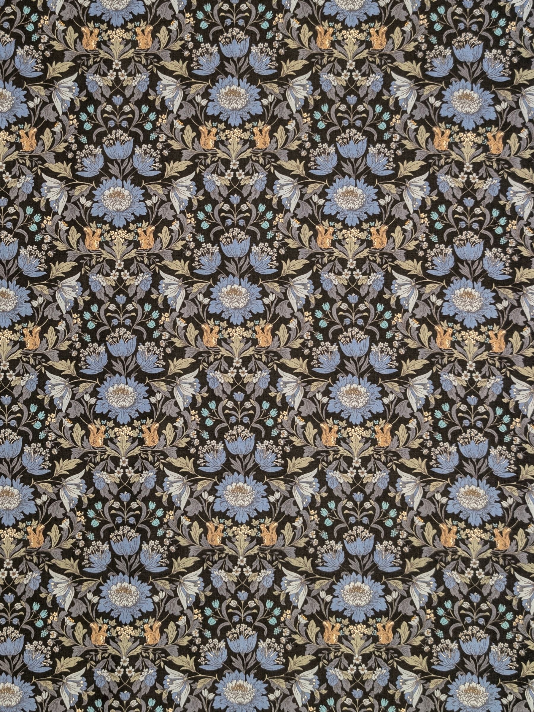 Hokkoh - Squirrels and Mirrored Flowers Cotton Lawn Fabric - Black & Blue