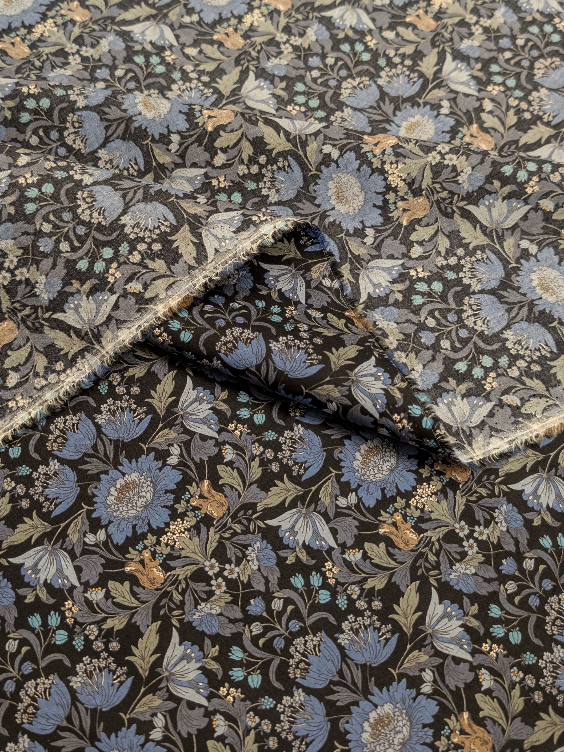 Hokkoh - Squirrels and Mirrored Flowers Cotton Lawn Fabric - Black & Blue
