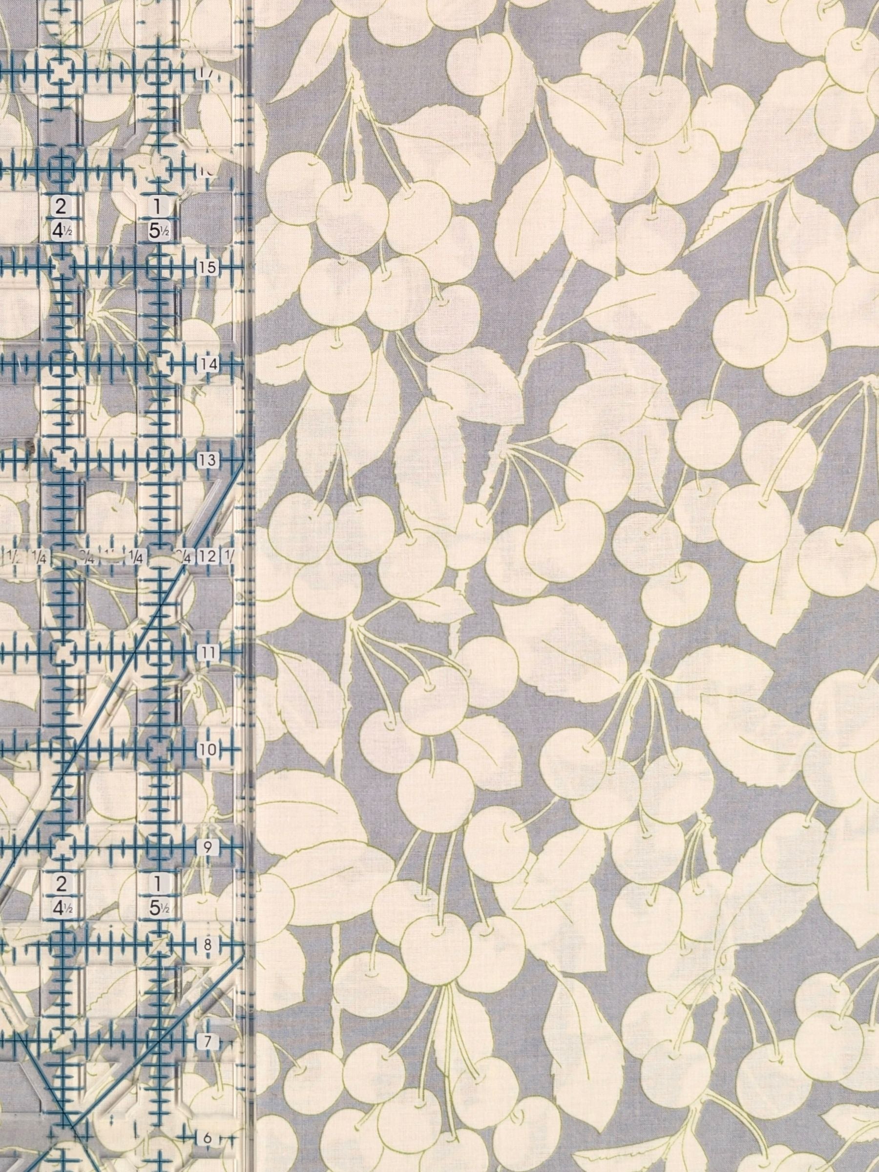 Hokkoh - Two-Tone Cherries Cotton Lawn Fabric - White & Gray REMNANT