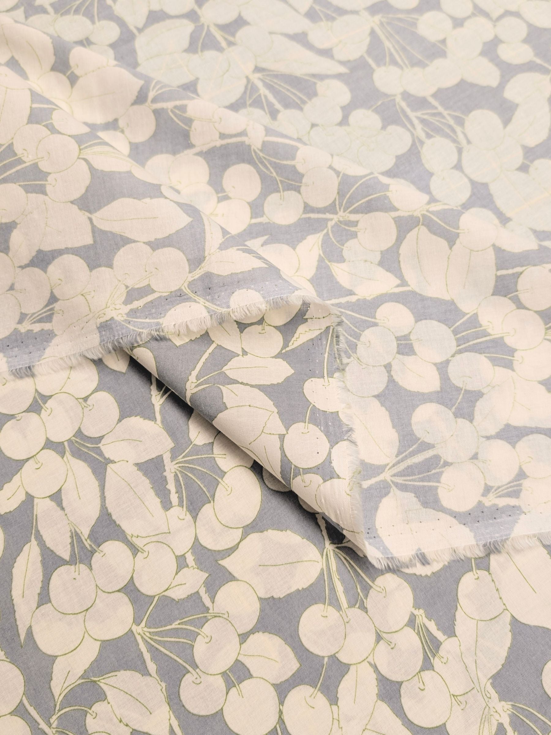 Hokkoh - Two-Tone Cherries Cotton Lawn Fabric - White & Gray REMNANT