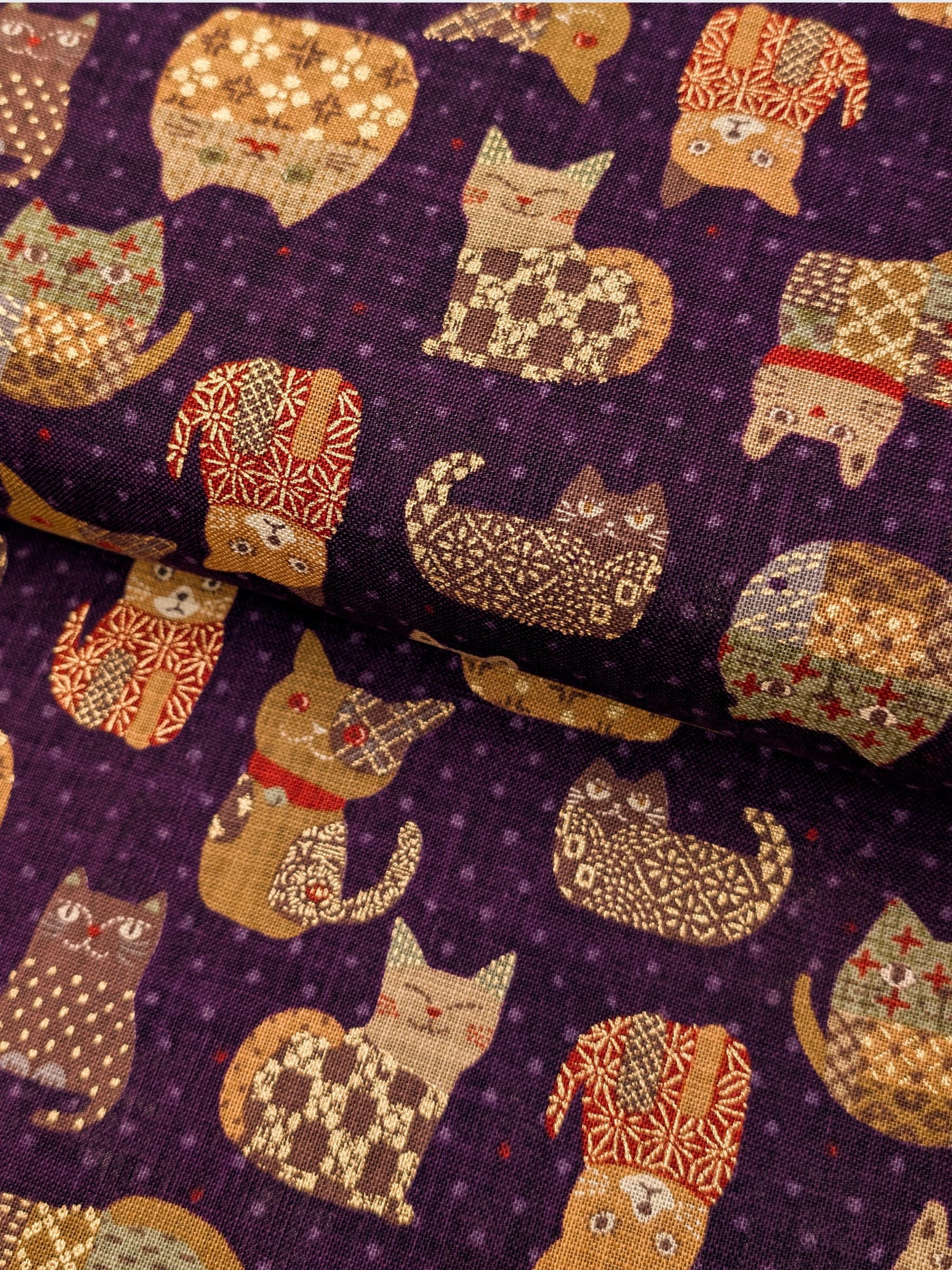 Sevenberry - Patchwork Cats Rustic Weave Cotton Fabric - Purple