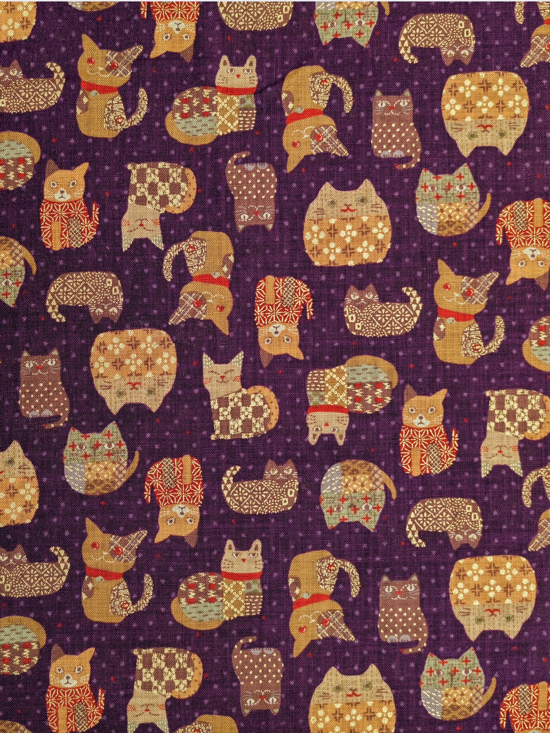 Sevenberry - Patchwork Cats Rustic Weave Cotton Fabric - Purple