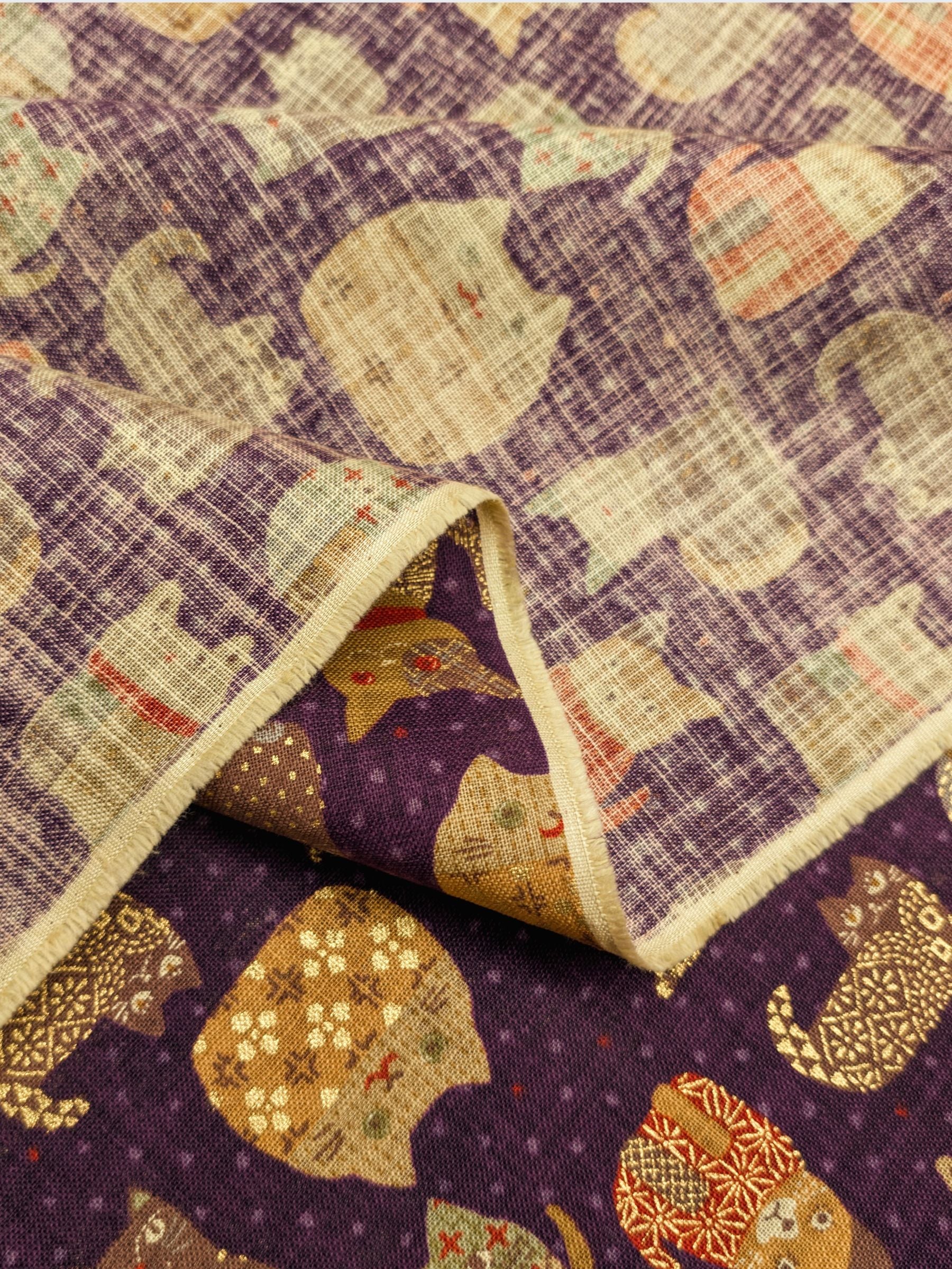 Sevenberry - Patchwork Cats Rustic Weave Cotton Fabric - Purple