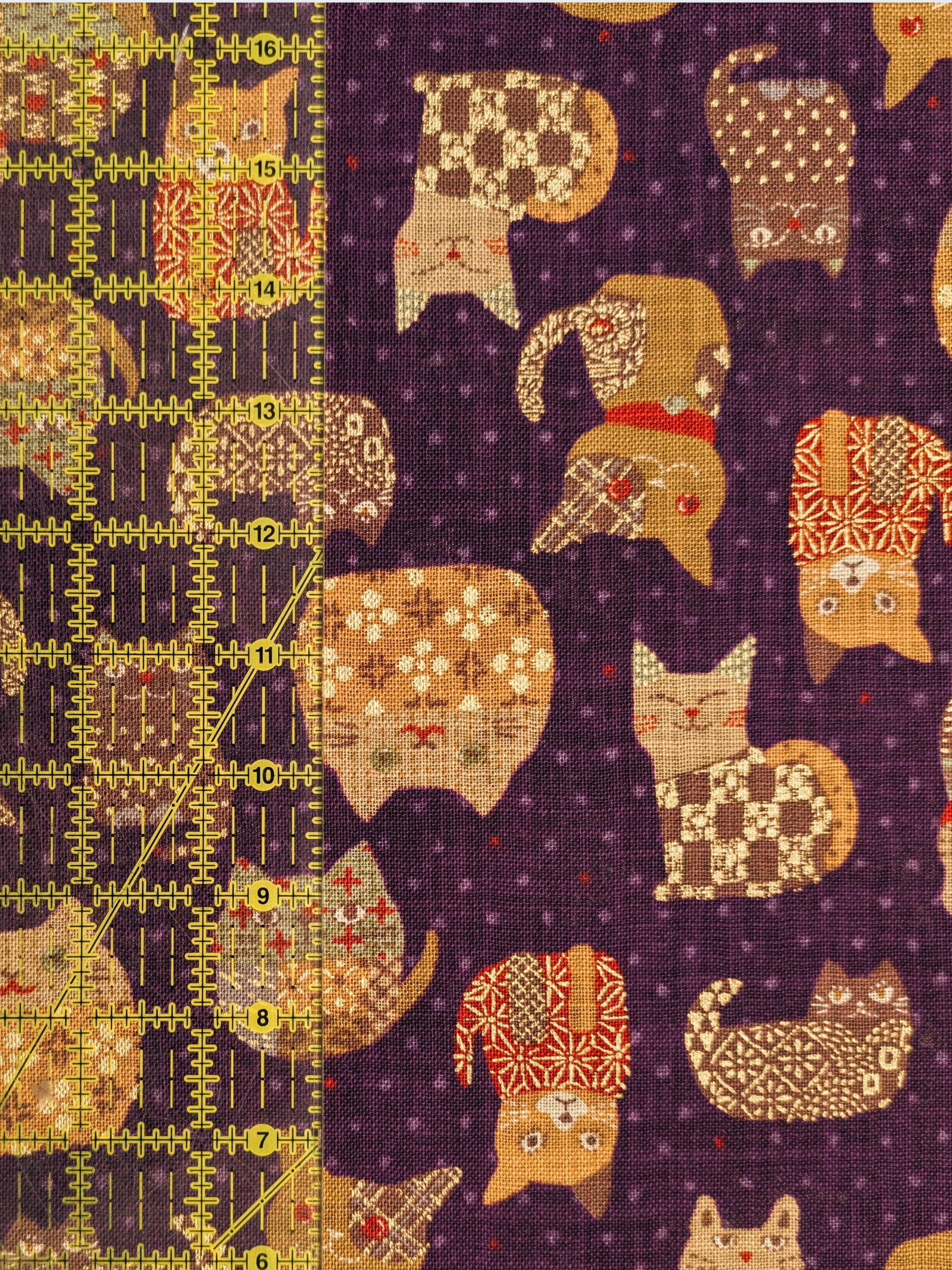 Sevenberry - Patchwork Cats Rustic Weave Cotton Fabric - Purple