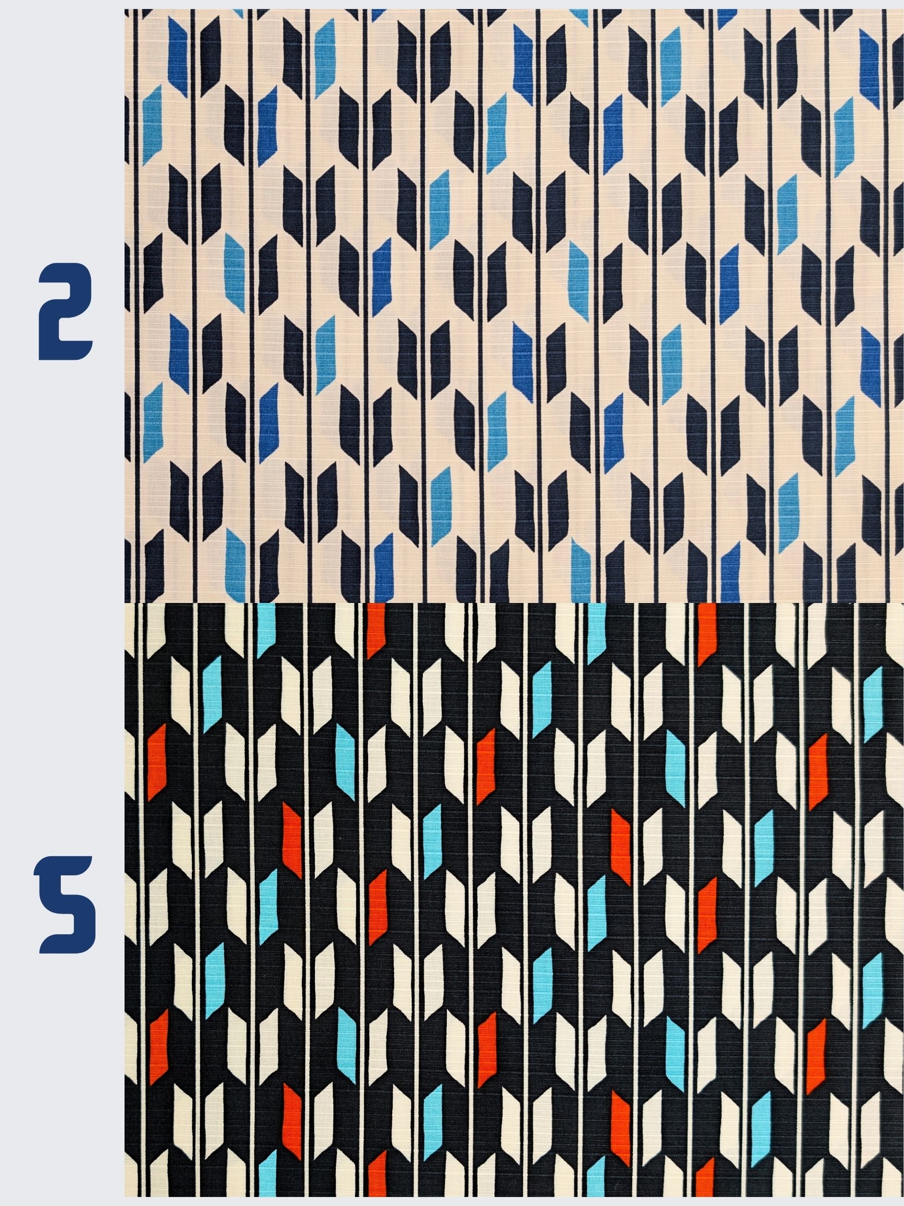 Geometric patterned fabric with blue, black, and red colors on a white background