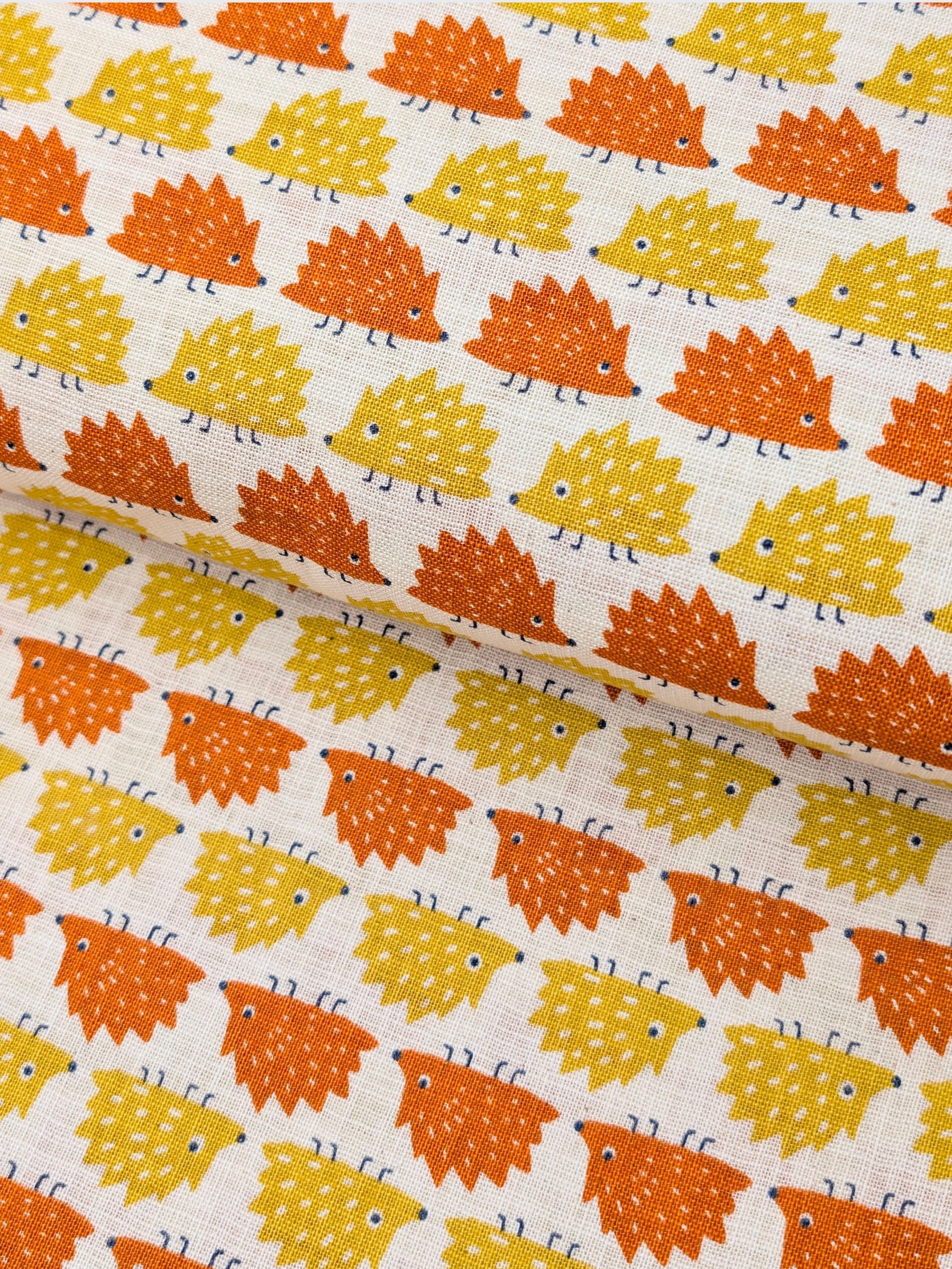 Sevenberry - Trailing Hedgehogs Rustic Weave Cotton Fabric - Orange & Yellow