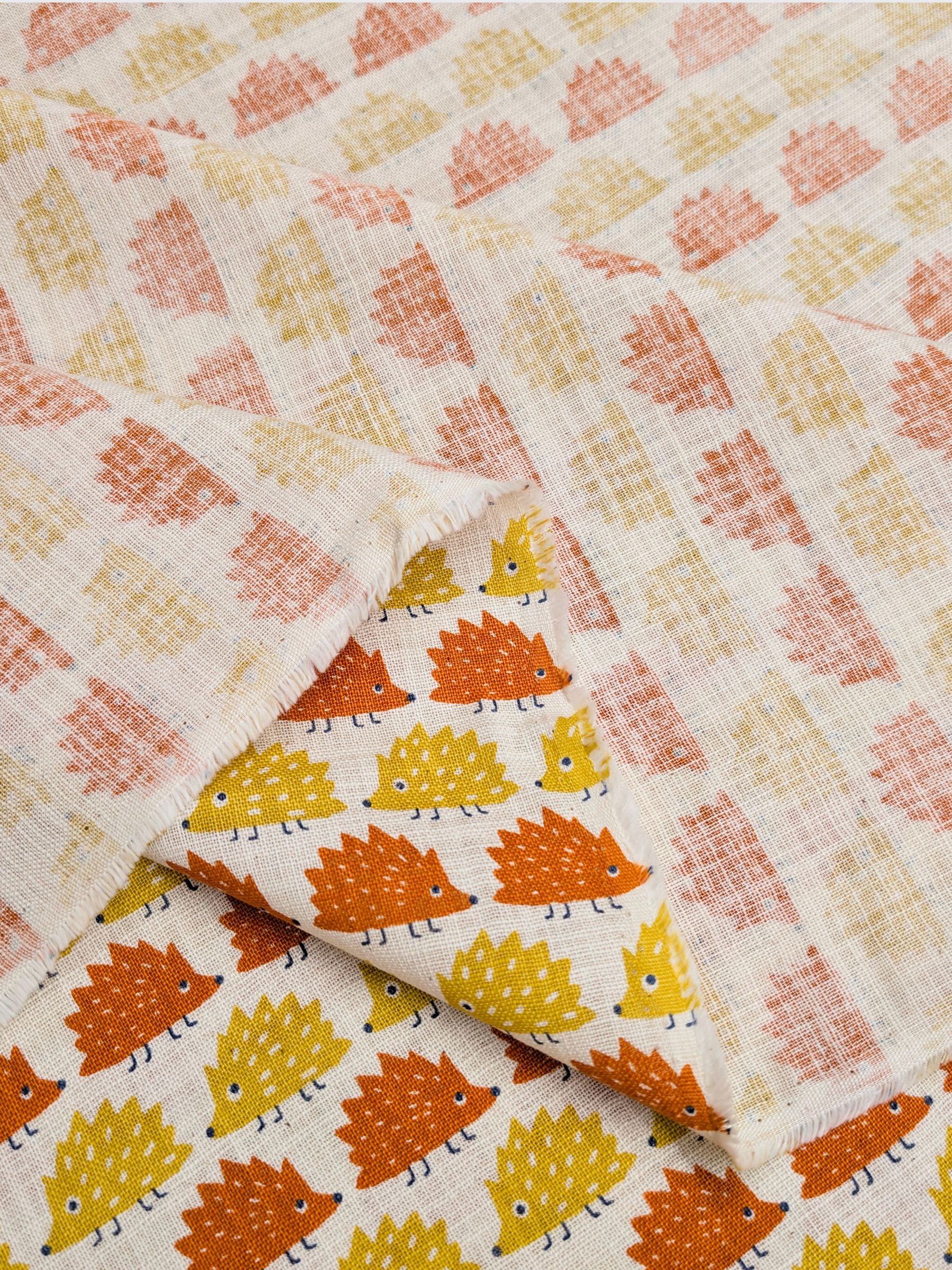 Sevenberry - Trailing Hedgehogs Rustic Weave Cotton Fabric - Orange & Yellow