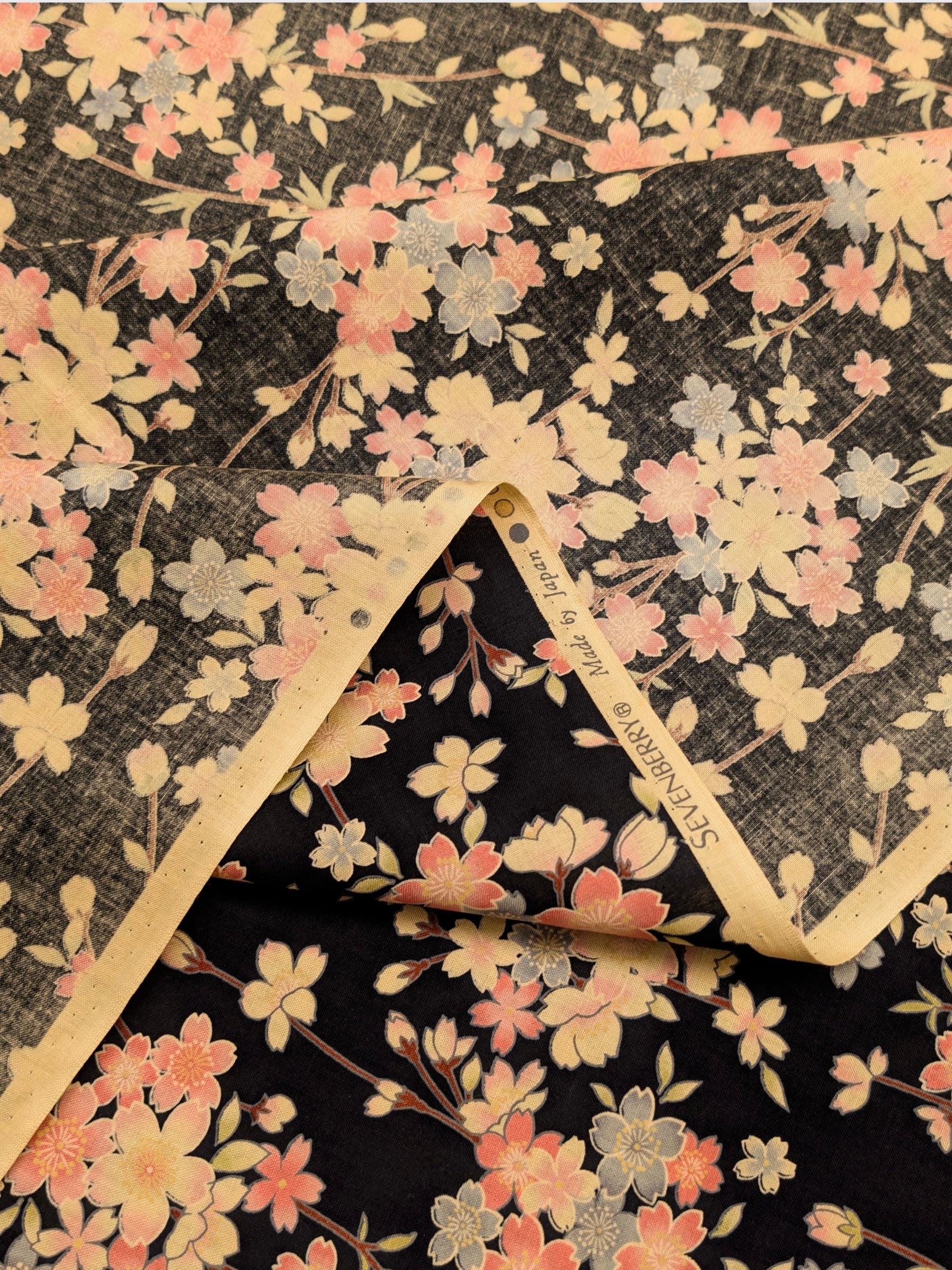 Sevenberry - Sepia Cherry Blossoms Cotton Shirting Fabric - Black