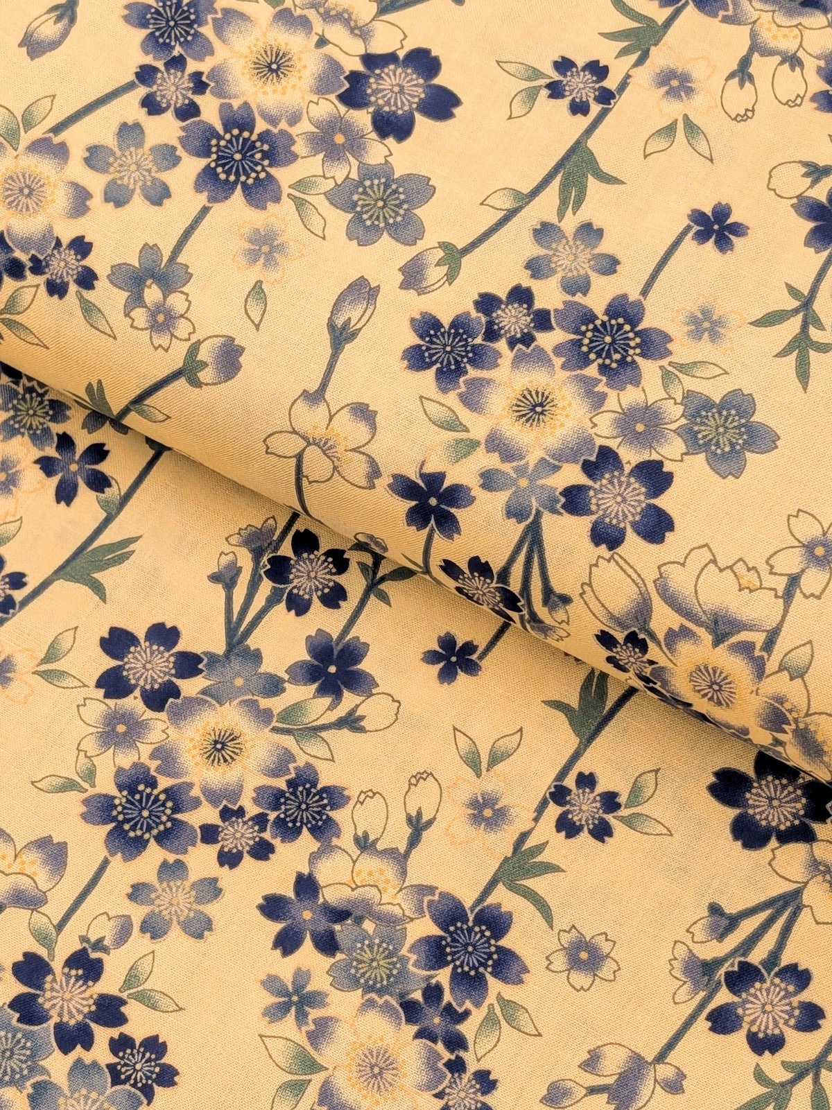 Sevenberry - Cherry Blossom Sprigs Cotton Shirting Fabric - Beige & Blue