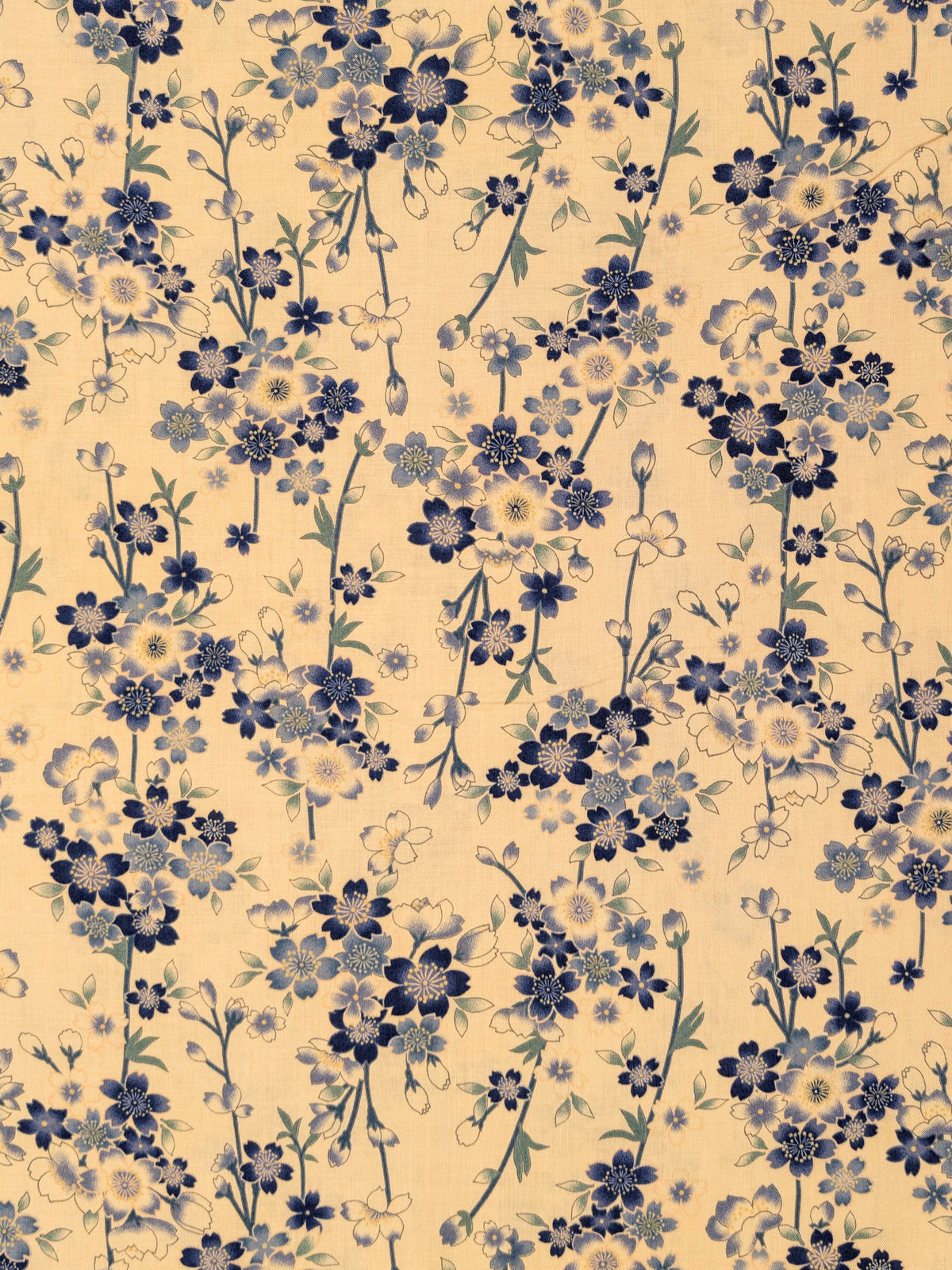 Sevenberry - Cherry Blossom Sprigs Cotton Shirting Fabric - Beige & Blue