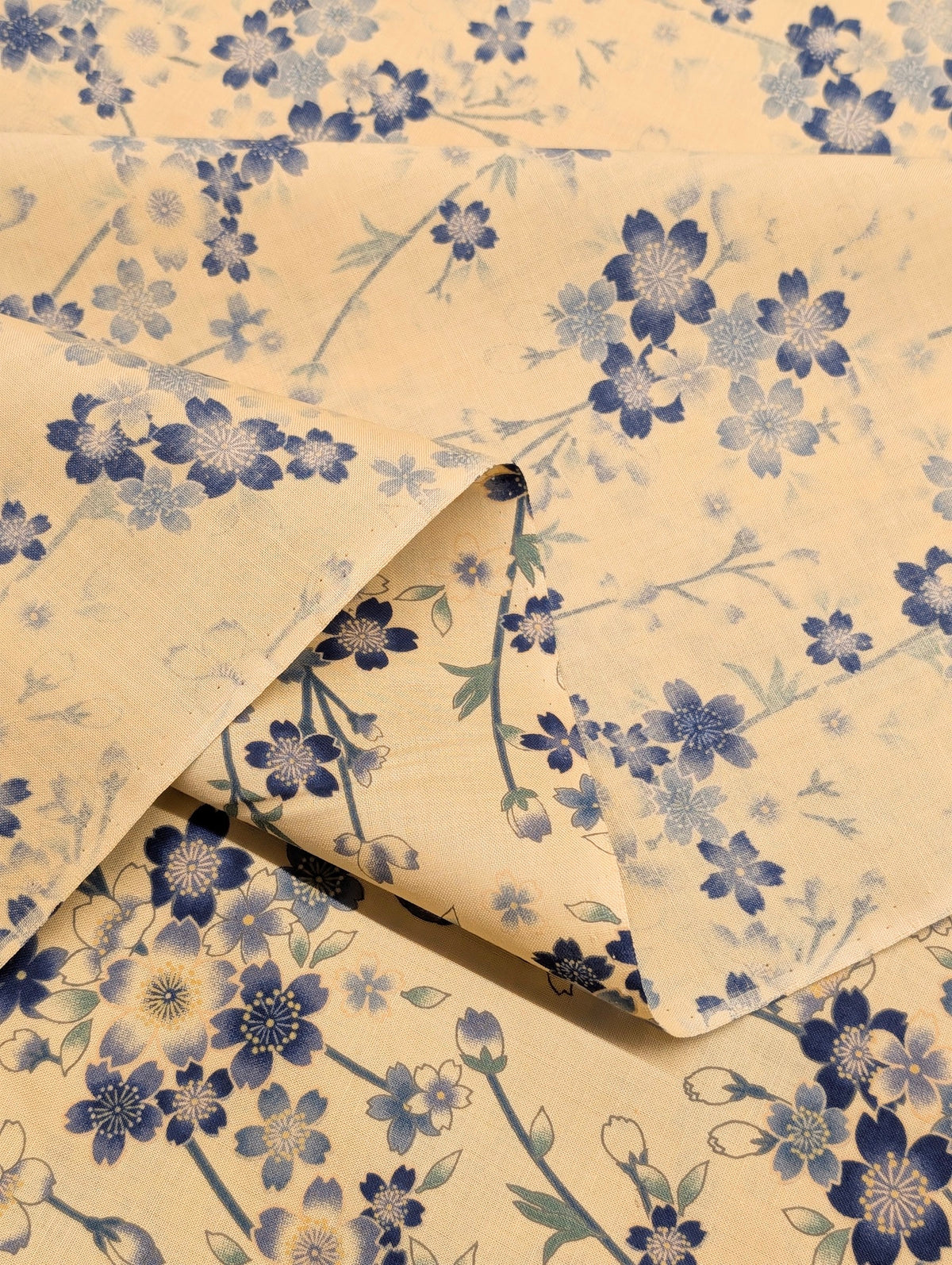 Sevenberry - Cherry Blossom Sprigs Cotton Shirting Fabric - Beige & Blue