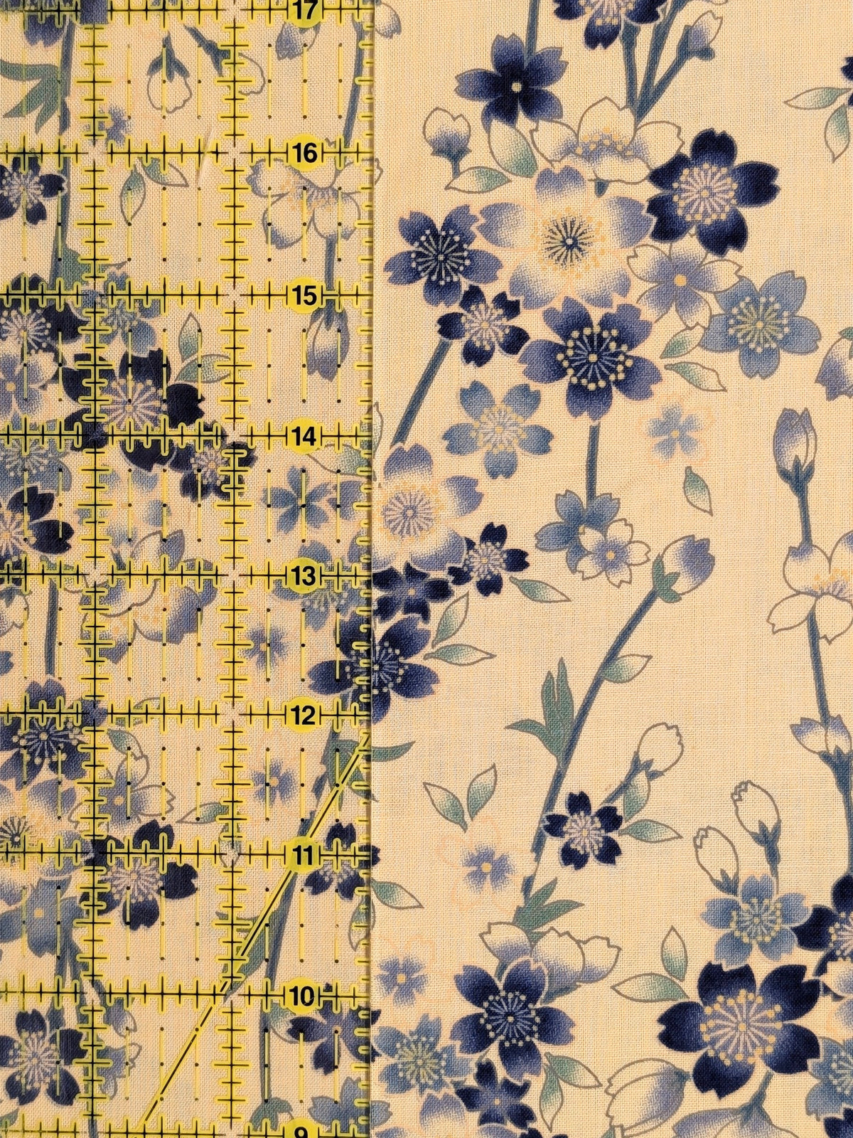 Sevenberry - Cherry Blossom Sprigs Cotton Shirting Fabric - Beige & Blue