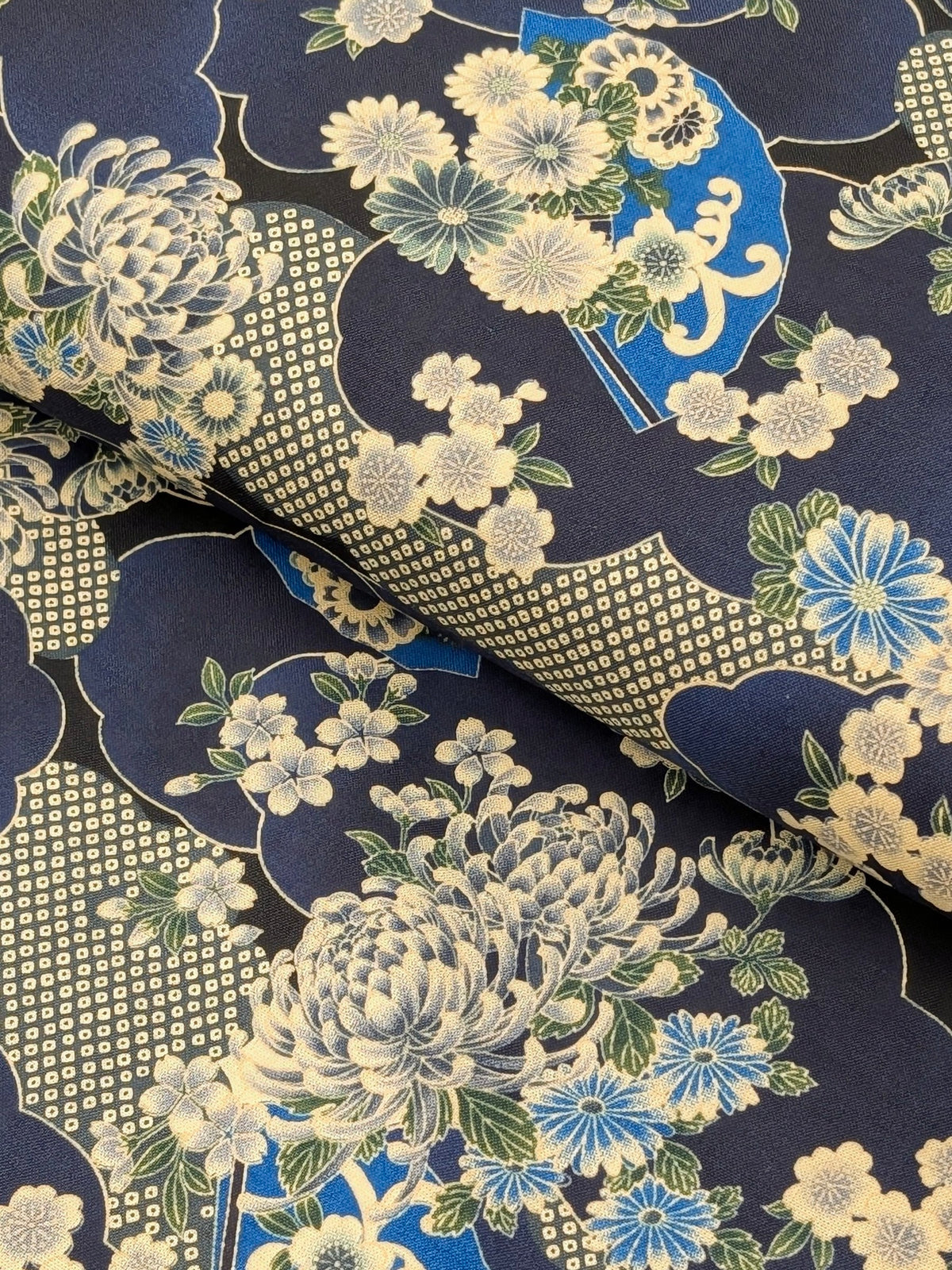 Sevenberry - Wagara Fans & Flowers Cotton Shirting Fabric - Indigo Blue