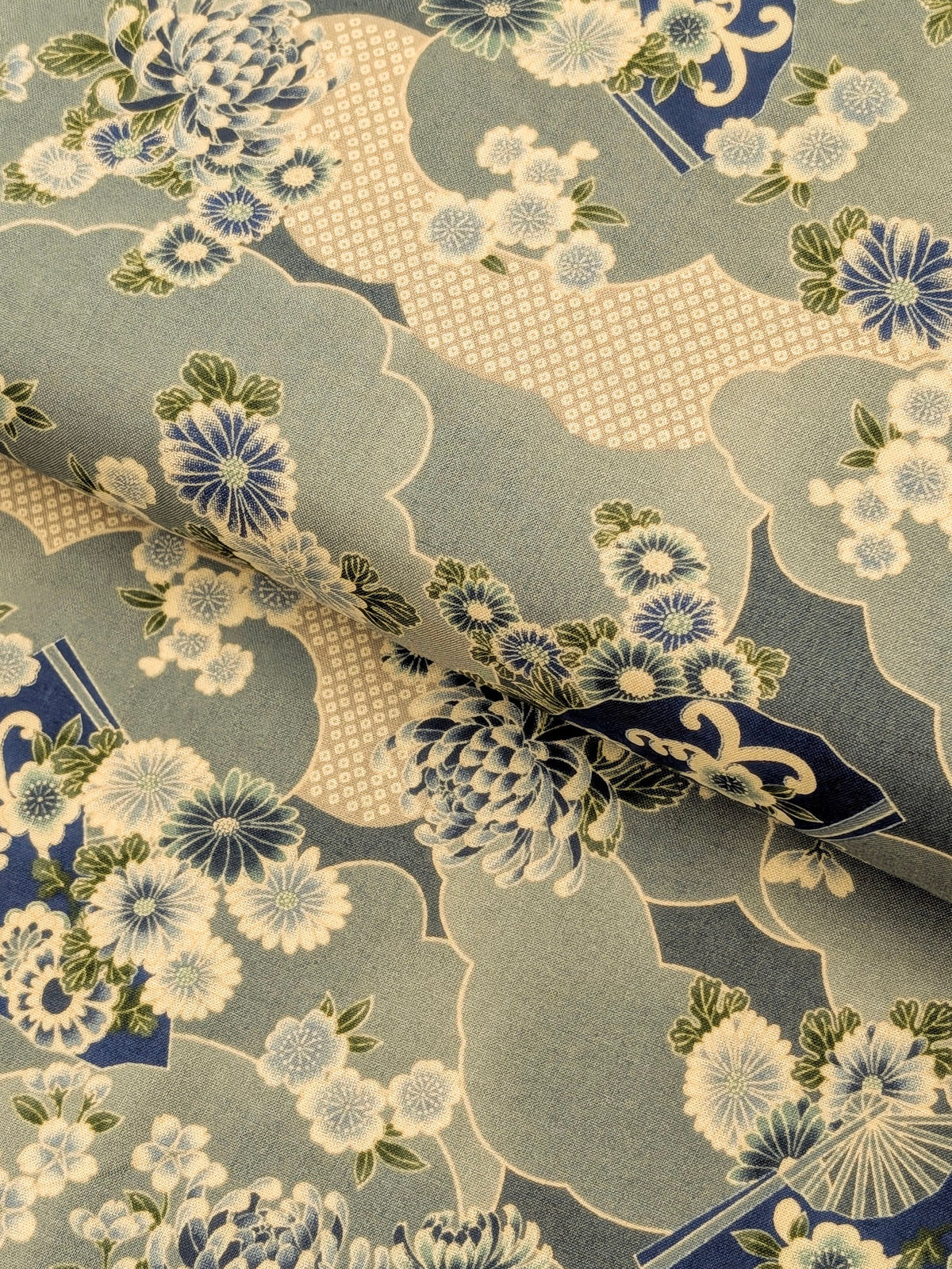 Sevenberry - Wagara Fans & Flowers Cotton Shirting Fabric - Light Blue