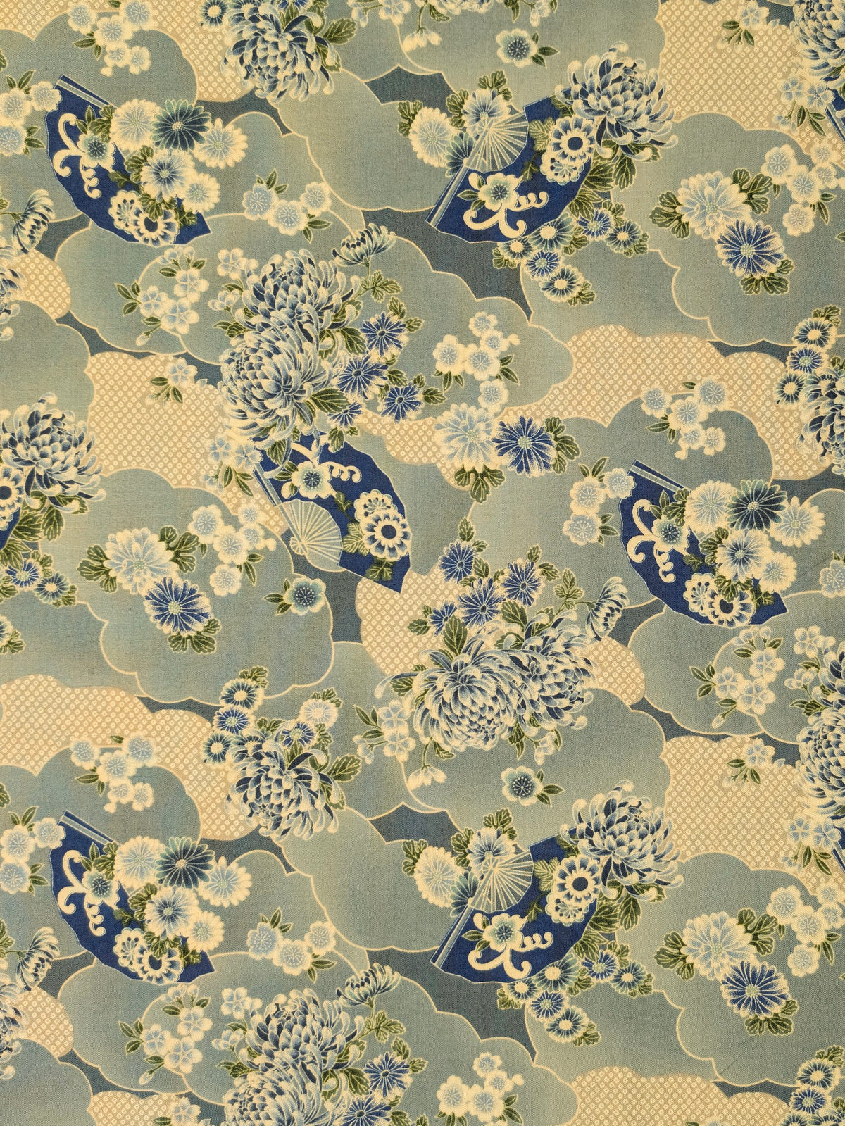 Sevenberry - Wagara Fans & Flowers Cotton Shirting Fabric - Light Blue