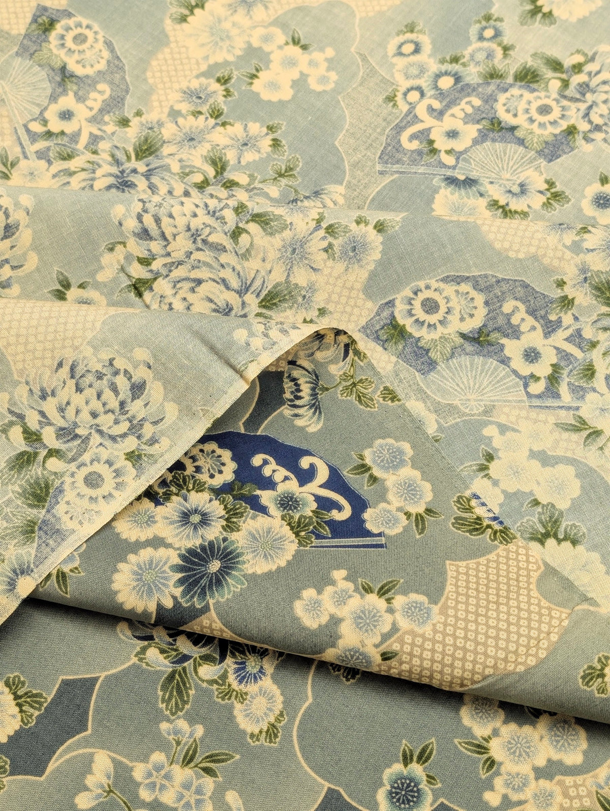 Sevenberry - Wagara Fans & Flowers Cotton Shirting Fabric - Light Blue