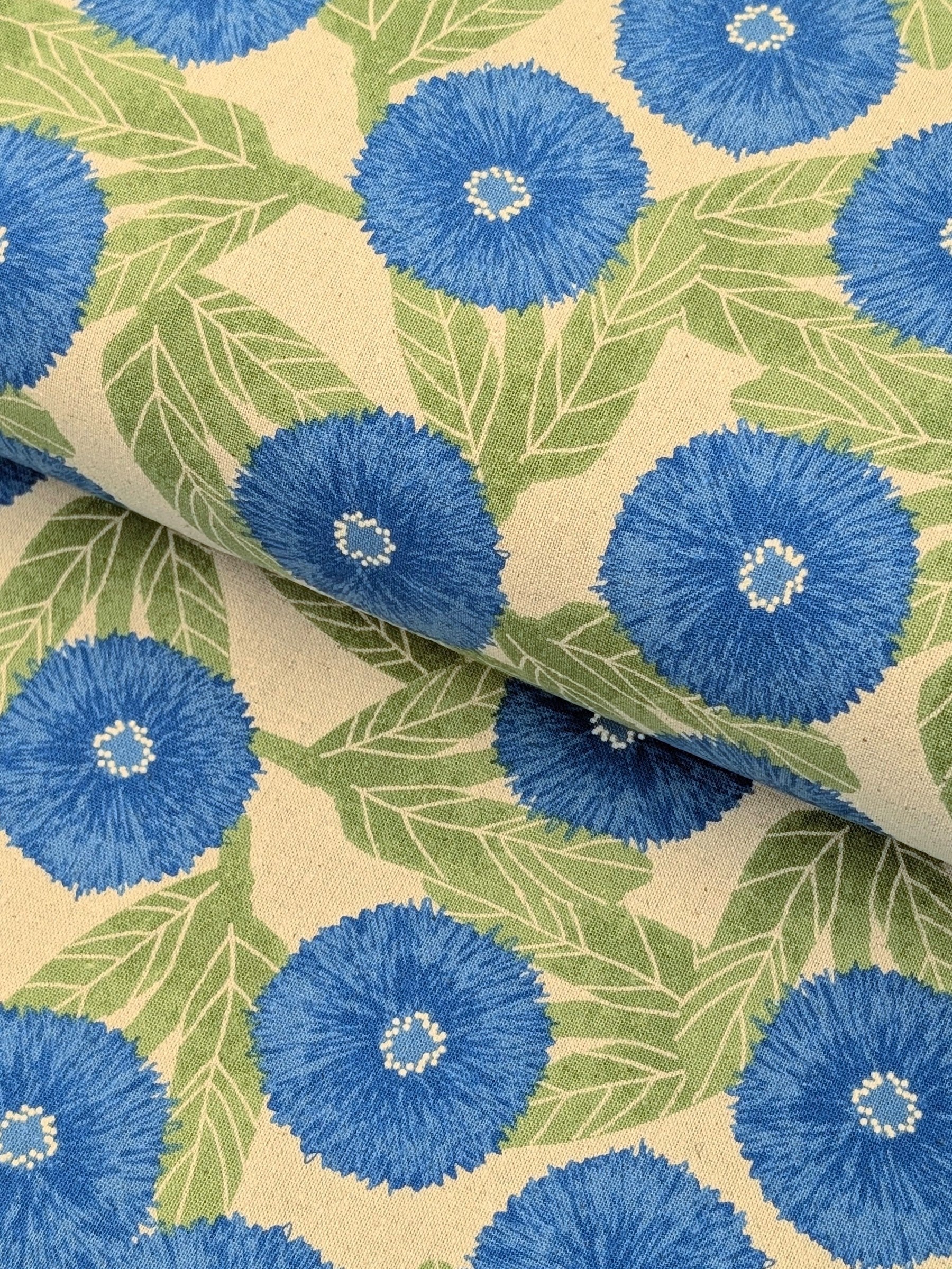 Sevenberry - Tyrolean Daisies Light Cotton Linen Canvas Fabric - Blue & Natural