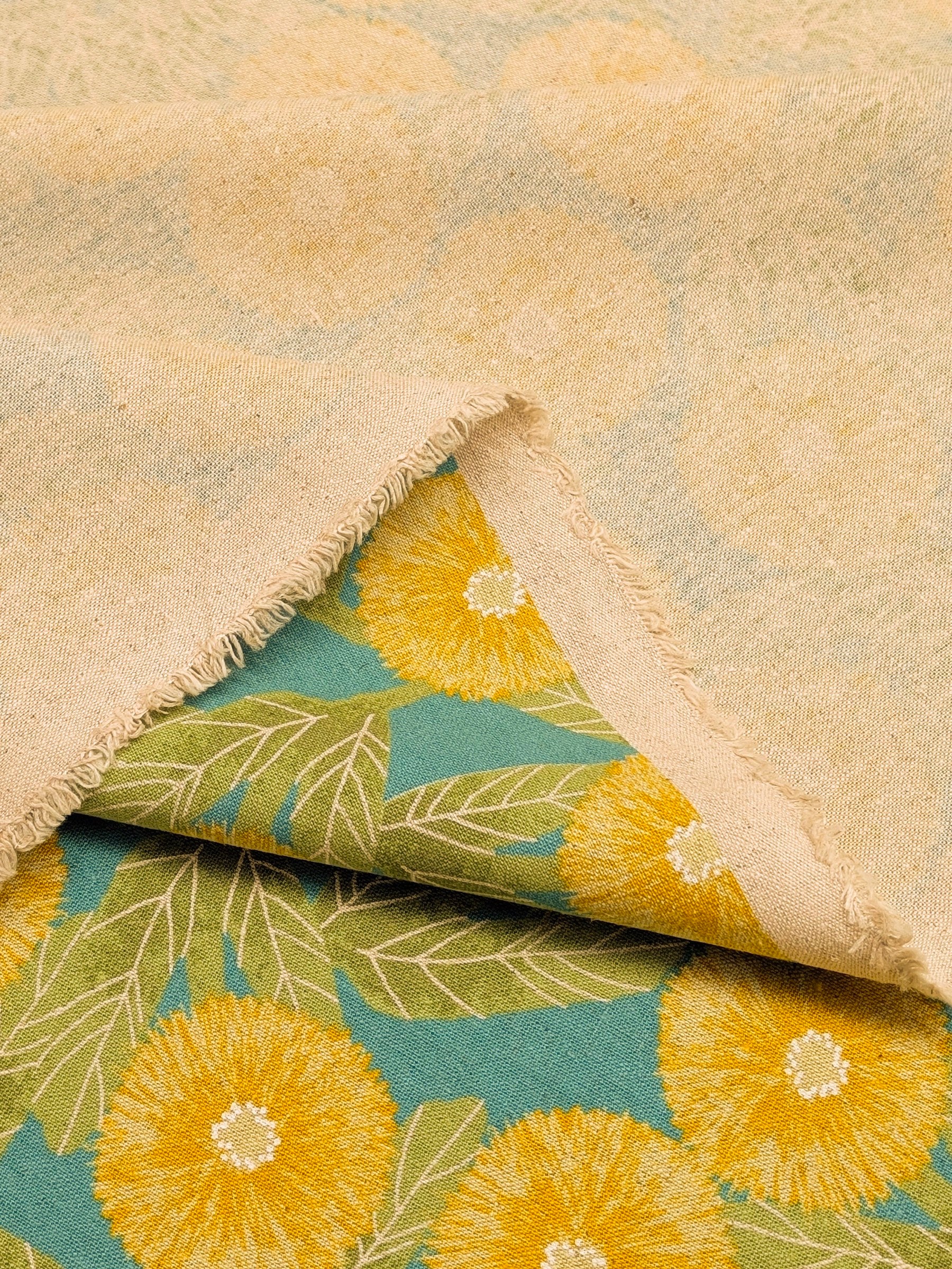 Sevenberry - Tyrolean Daisies Light Cotton Linen Canvas Fabric - Yellow & Teal