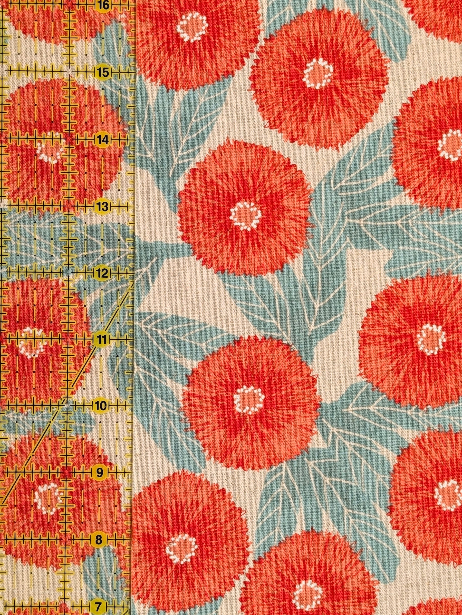 Sevenberry - Tyrolean Daisies Light Cotton Linen Canvas Fabric - Red & Natural