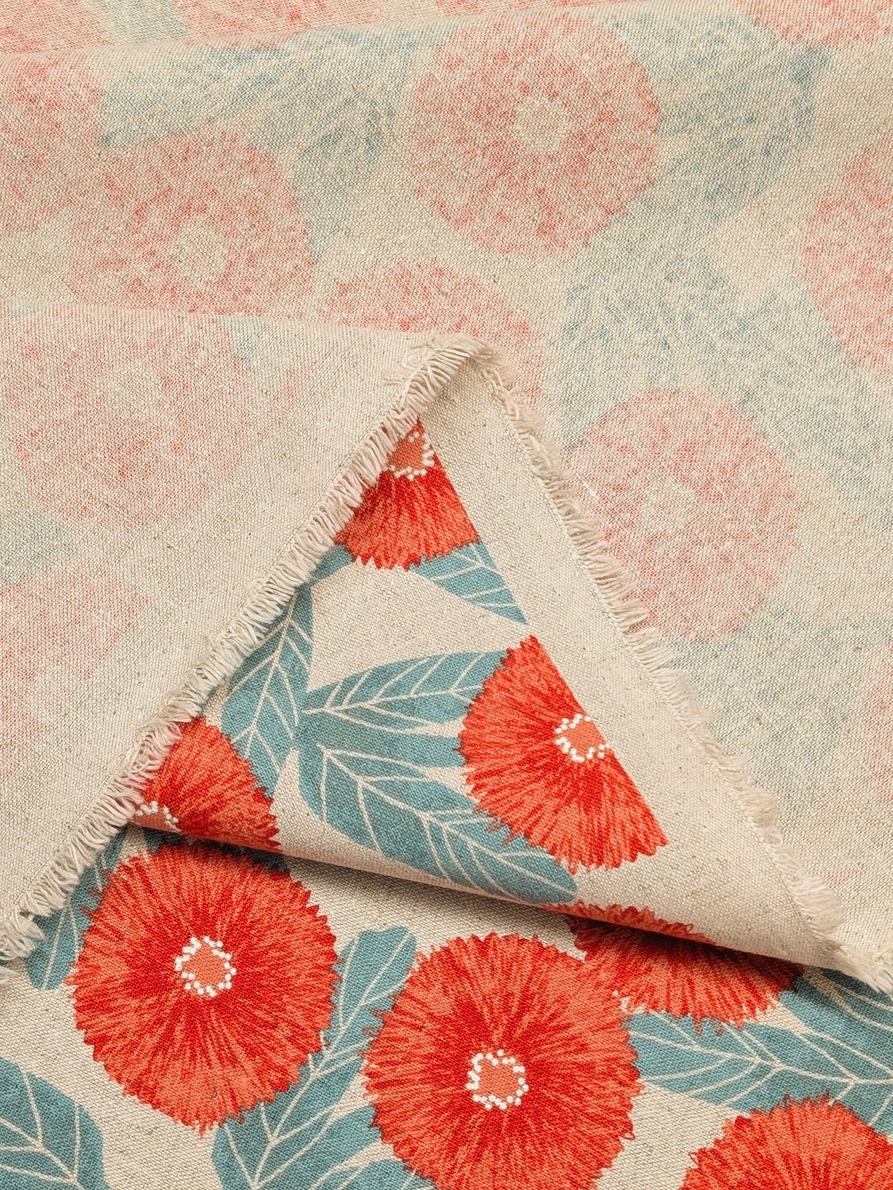 Sevenberry - Tyrolean Daisies Light Cotton Linen Canvas Fabric - Red & Natural