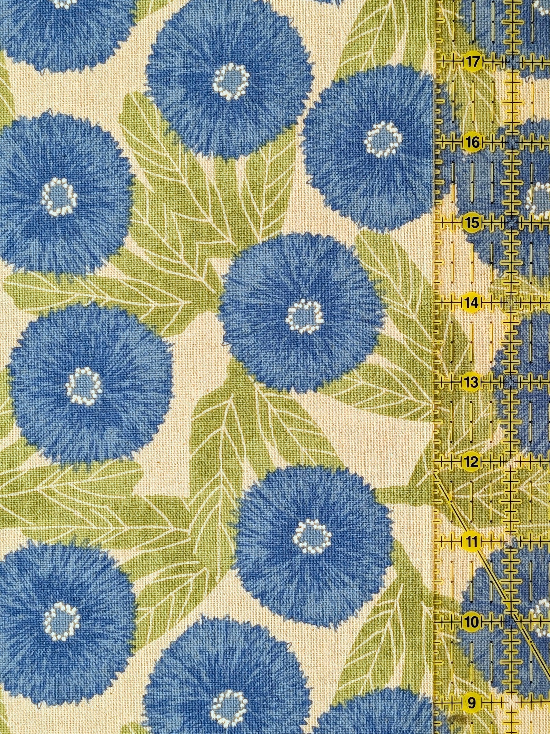 Sevenberry - Tyrolean Daisies Light Cotton Linen Canvas Fabric - Blue & Natural