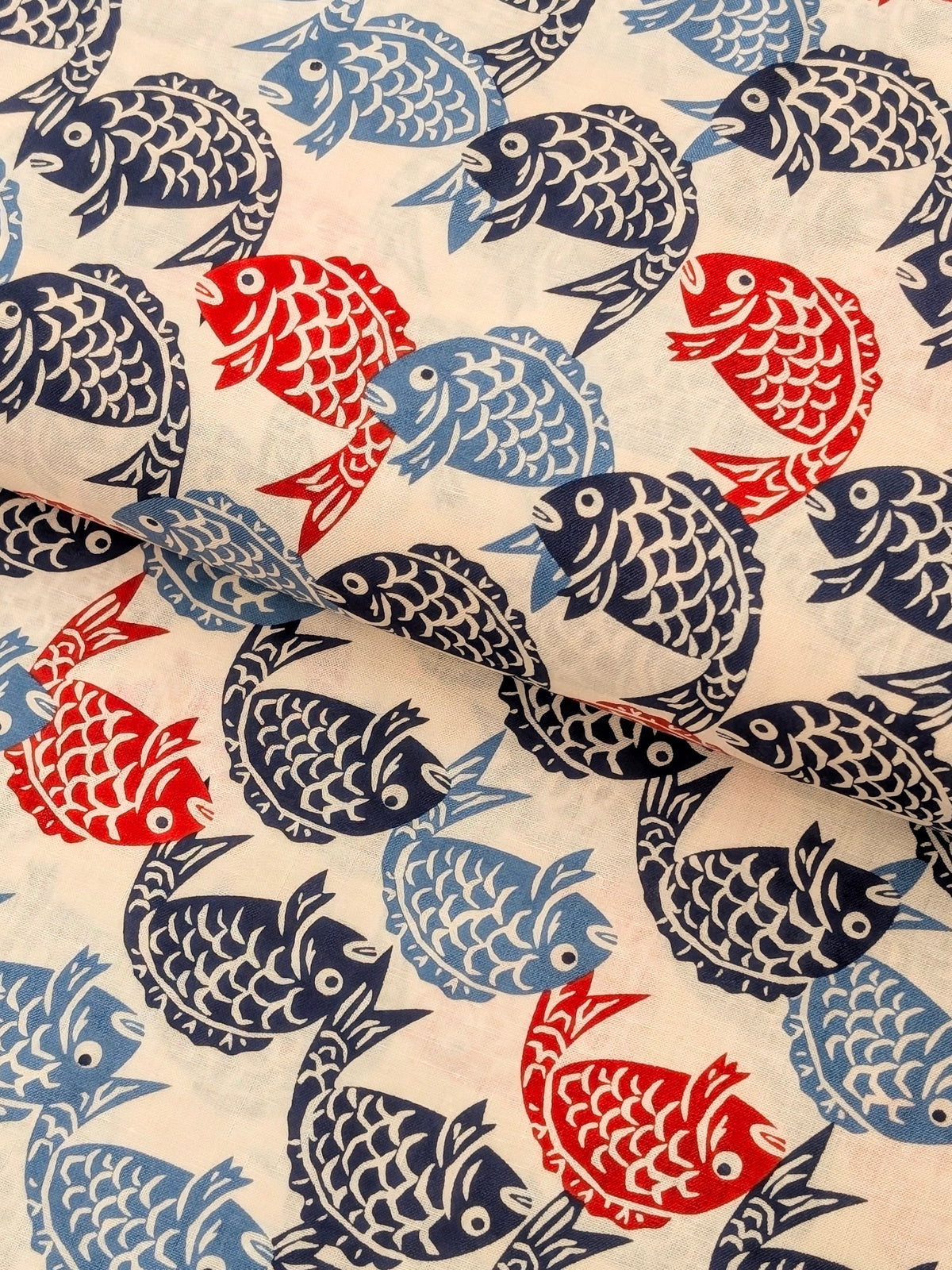 Sevenberry - Fish Block Print Cotton Shirting Fabric - Off-White
