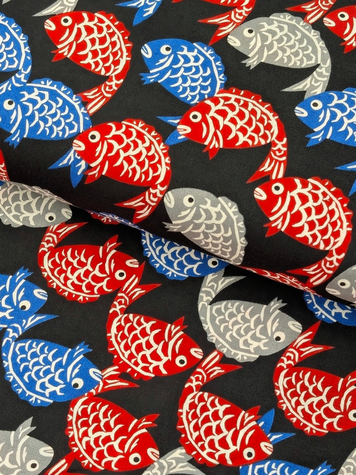 Sevenberry - Fish Block Print Cotton Shirting Fabric - Black