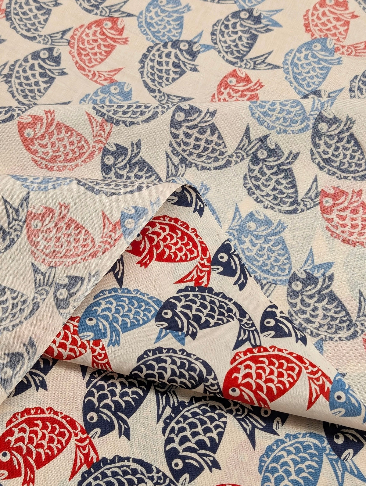 Sevenberry - Fish Block Print Cotton Shirting Fabric - Off-White