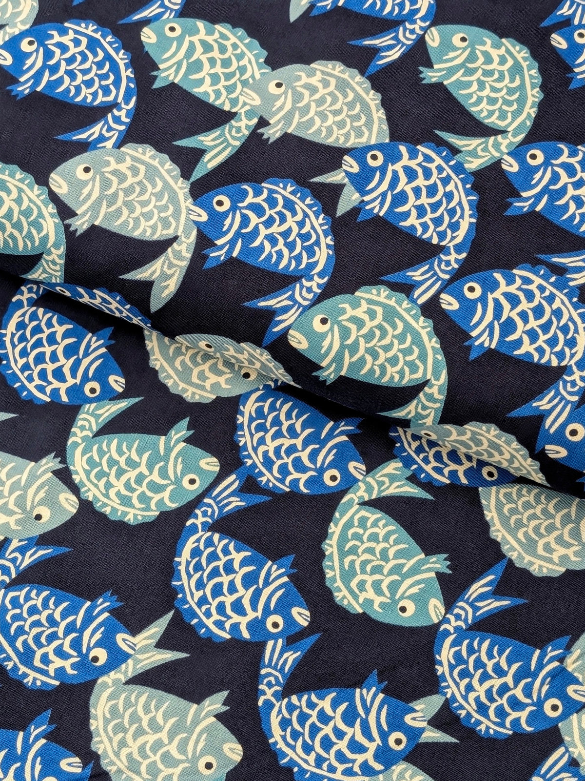 Sevenberry - Fish Block Print Cotton Shirting Fabric - Dark Blue