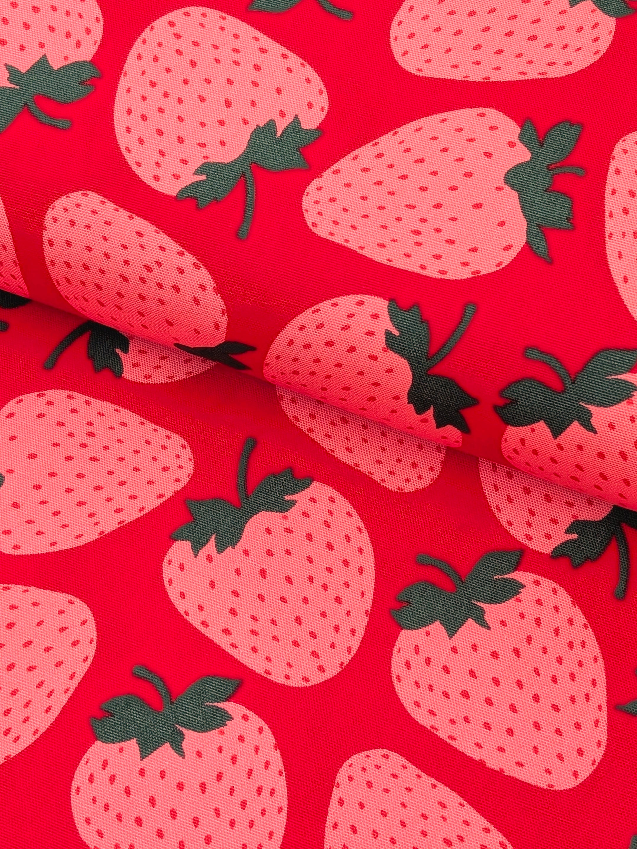 Sevenberry - Big Strawberries Oxford Canvas Cotton Fabric - Pink & Red