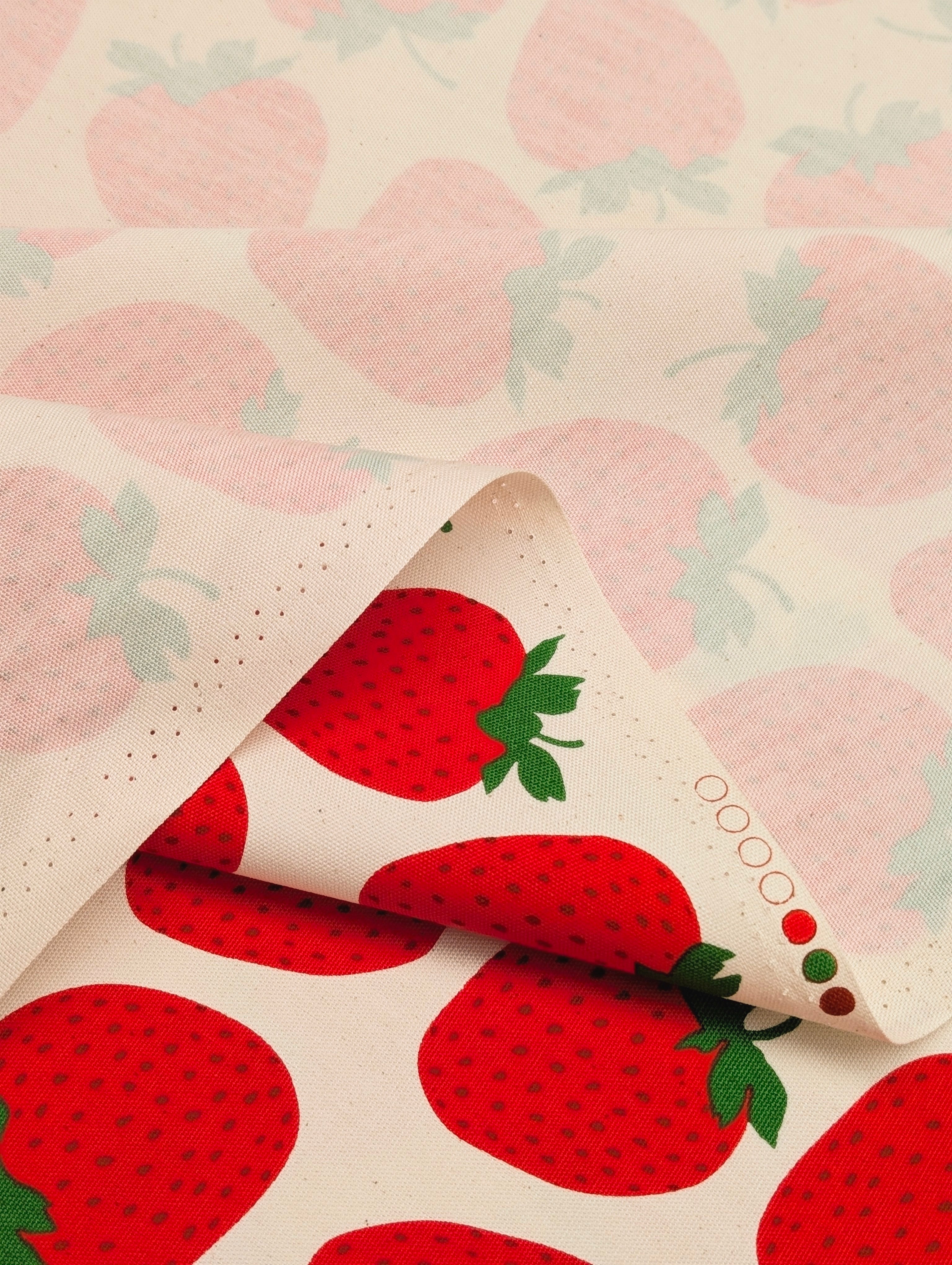 Sevenberry - Big Strawberries Oxford Canvas Cotton Fabric - Red & Beige