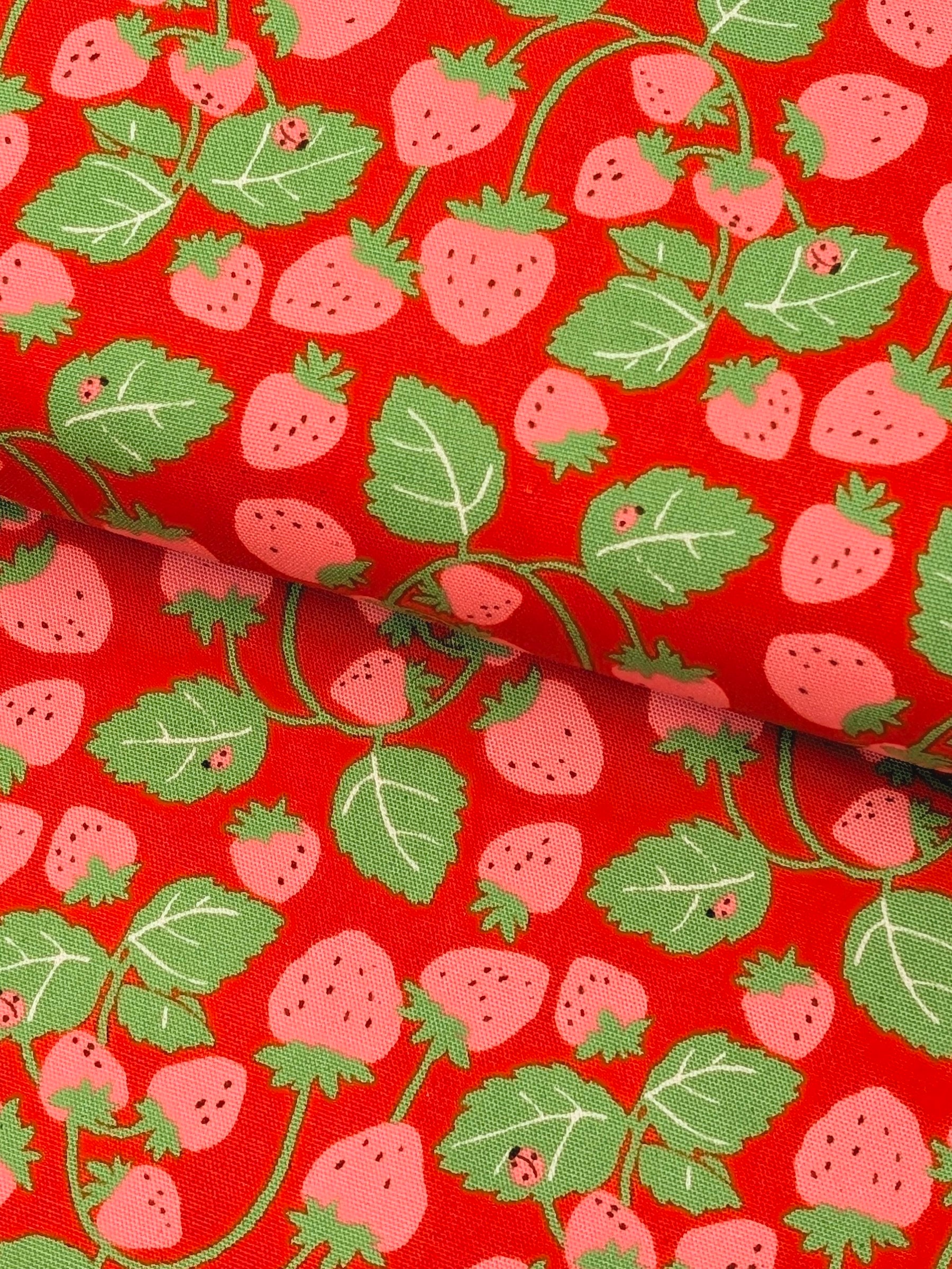 Sevenberry - Vining Strawberries Oxford Canvas Cotton Fabric - Pink & Red