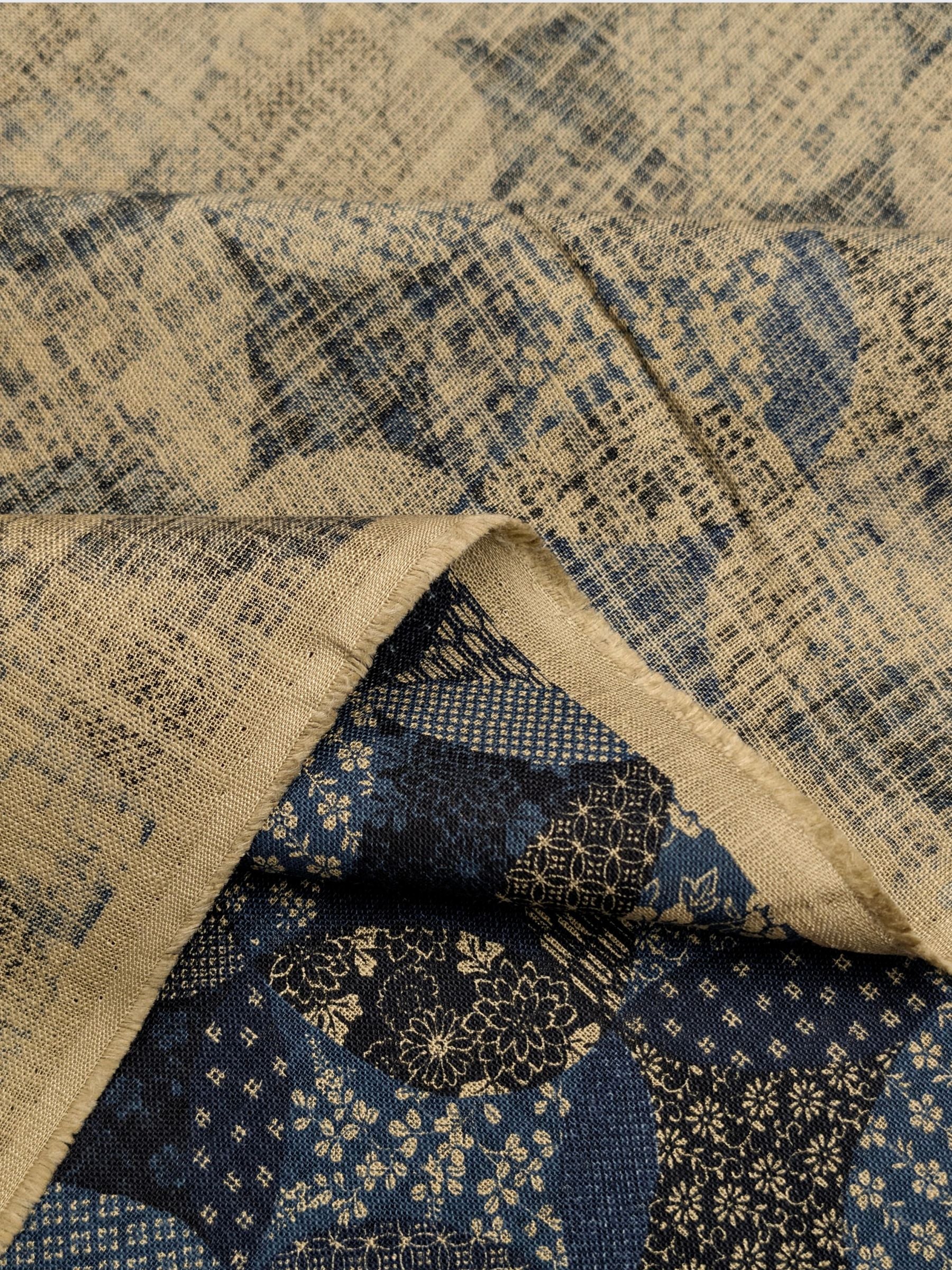 Sevenberry - Patchwork Shippo Rustic Weave Cotton Fabric - Dark Blue REMNANT
