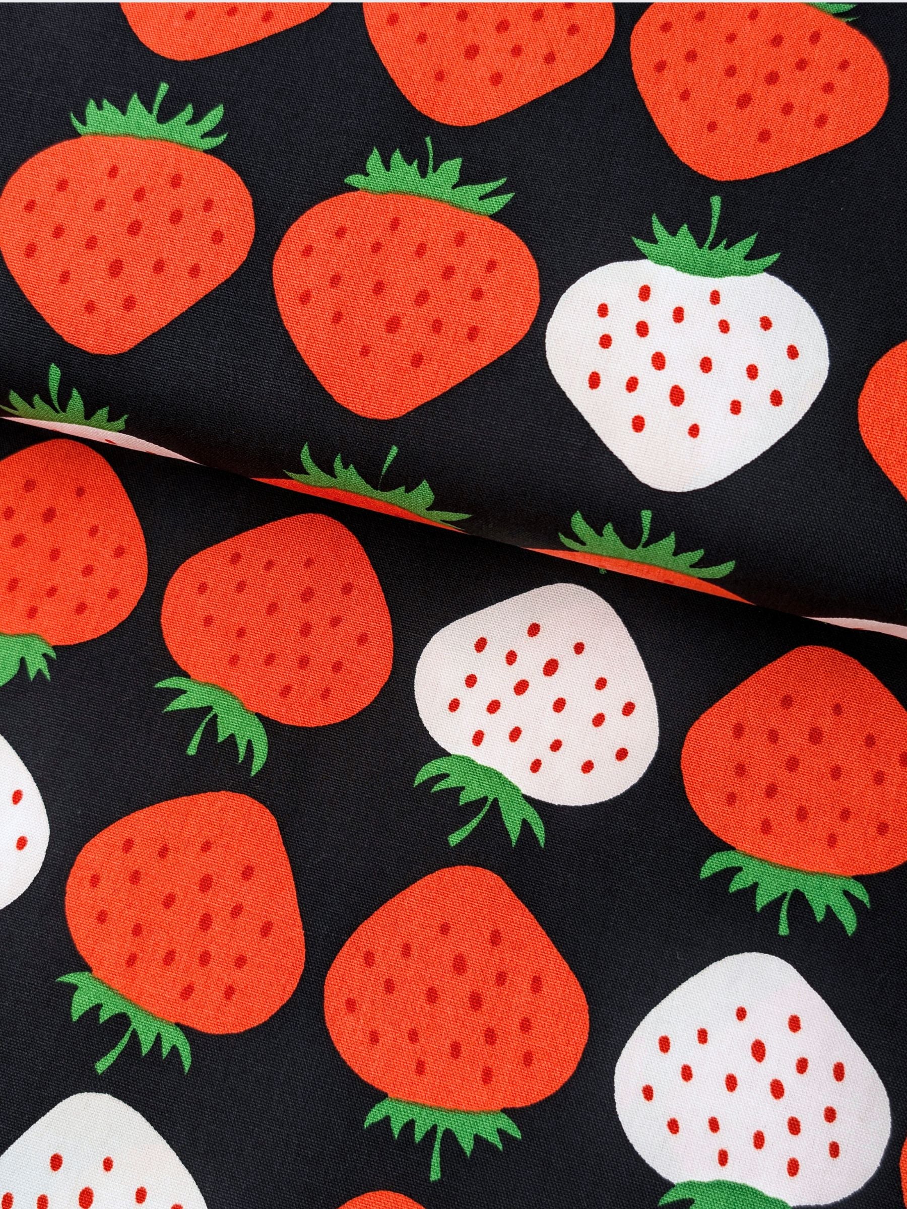 Asano - Big Strawberries Cotton Oxford Canvas Fabric - Black & white REMNANT