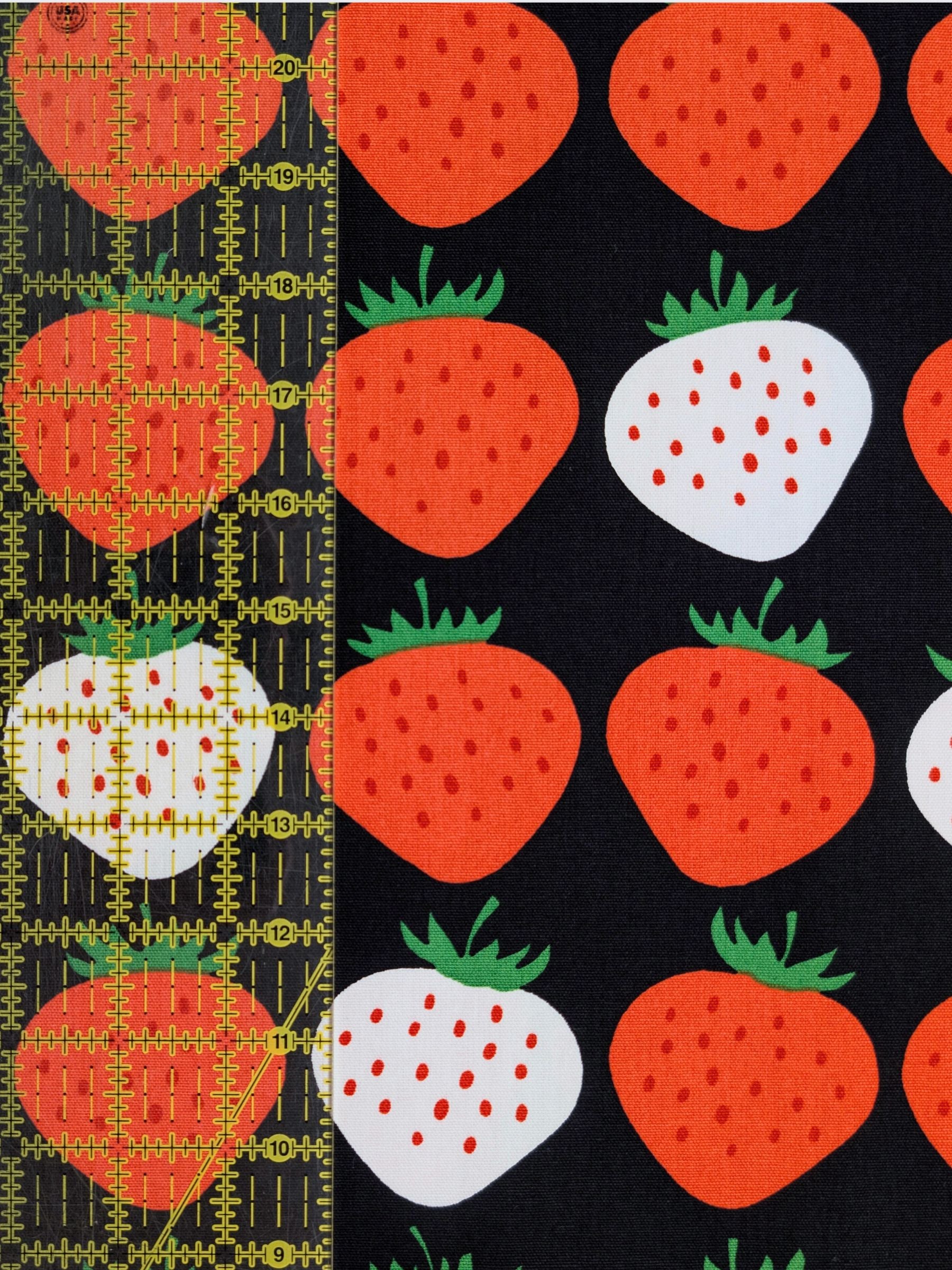 Asano - Big Strawberries Cotton Oxford Canvas Fabric - Black & white REMNANT