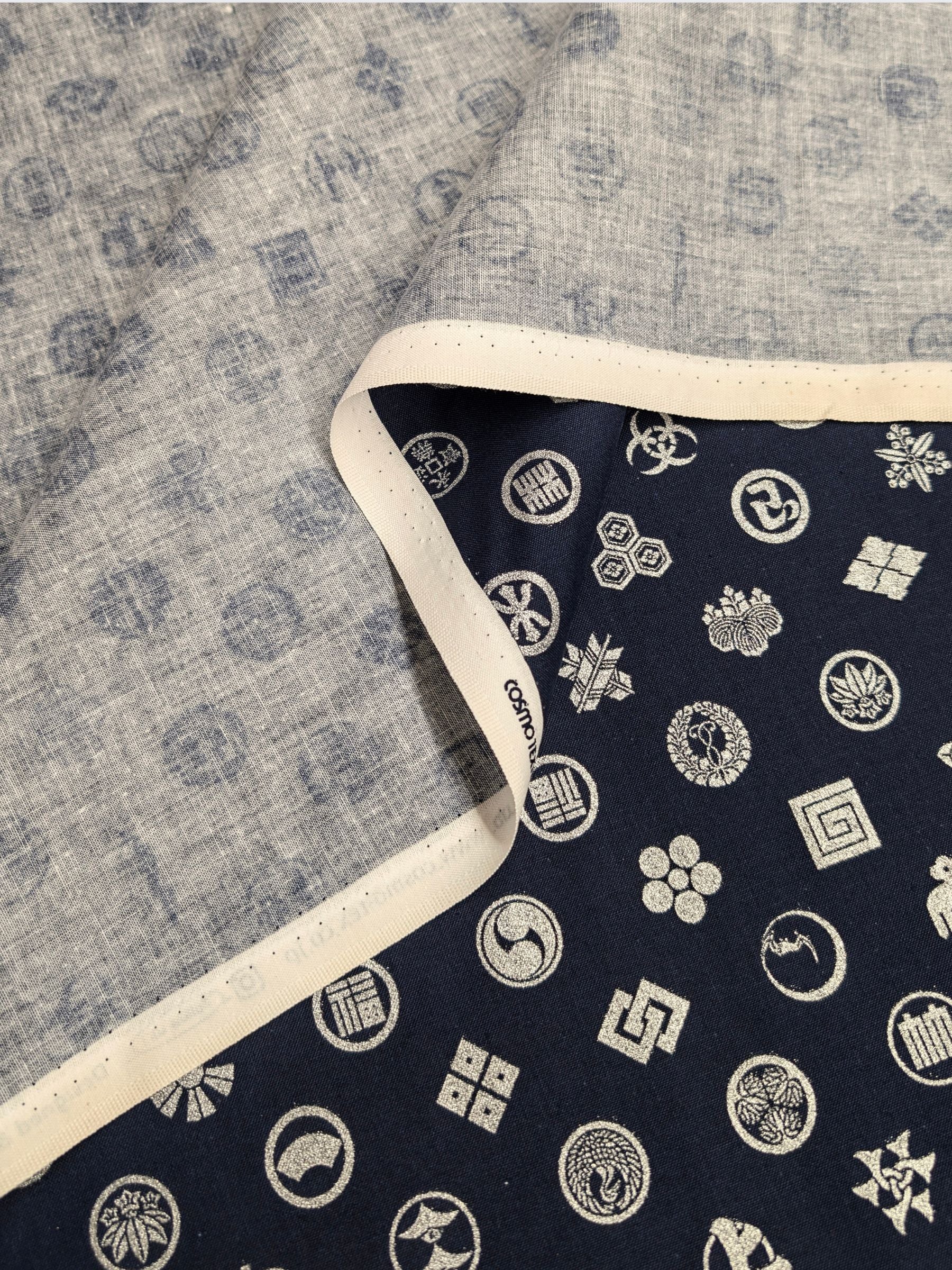 Cosmo - Silver Japanese Crests Cotton Sheeting Fabric - Blue & Silver