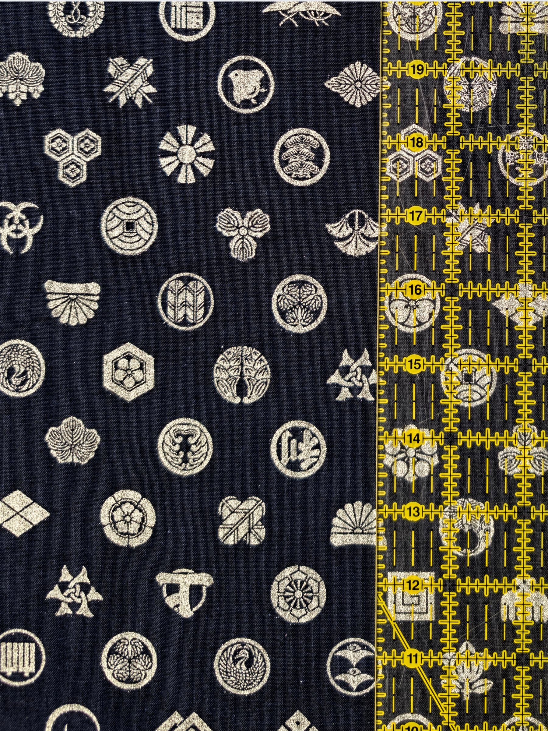 Cosmo - Silver Japanese Crests Cotton Sheeting Fabric - Blue & Silver